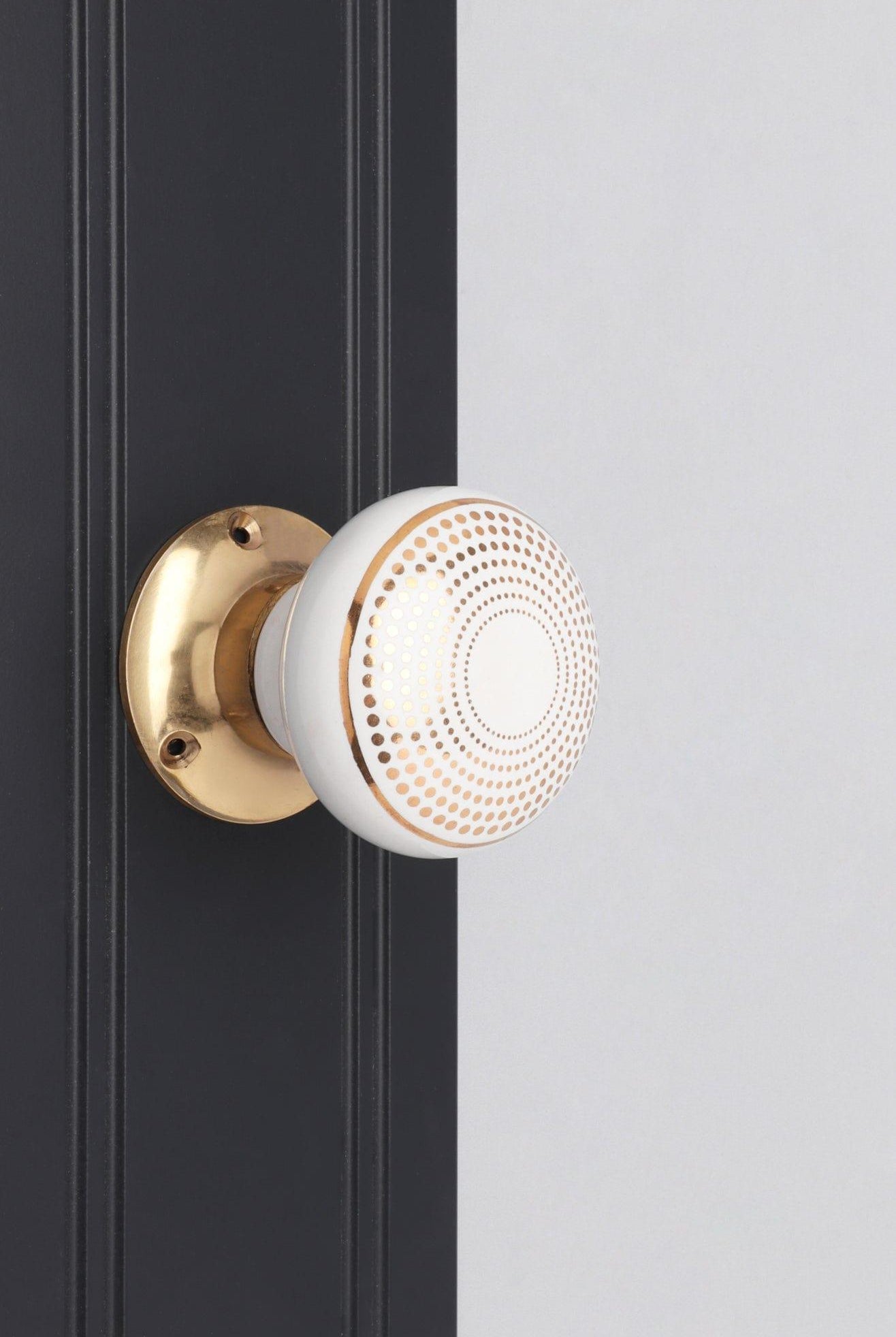 Royal Gold III – Handcrafted Ceramic Mortice Door Knob Set with Brass Base – Dotted Circle Pattern for Interior Room Doors - G Decor