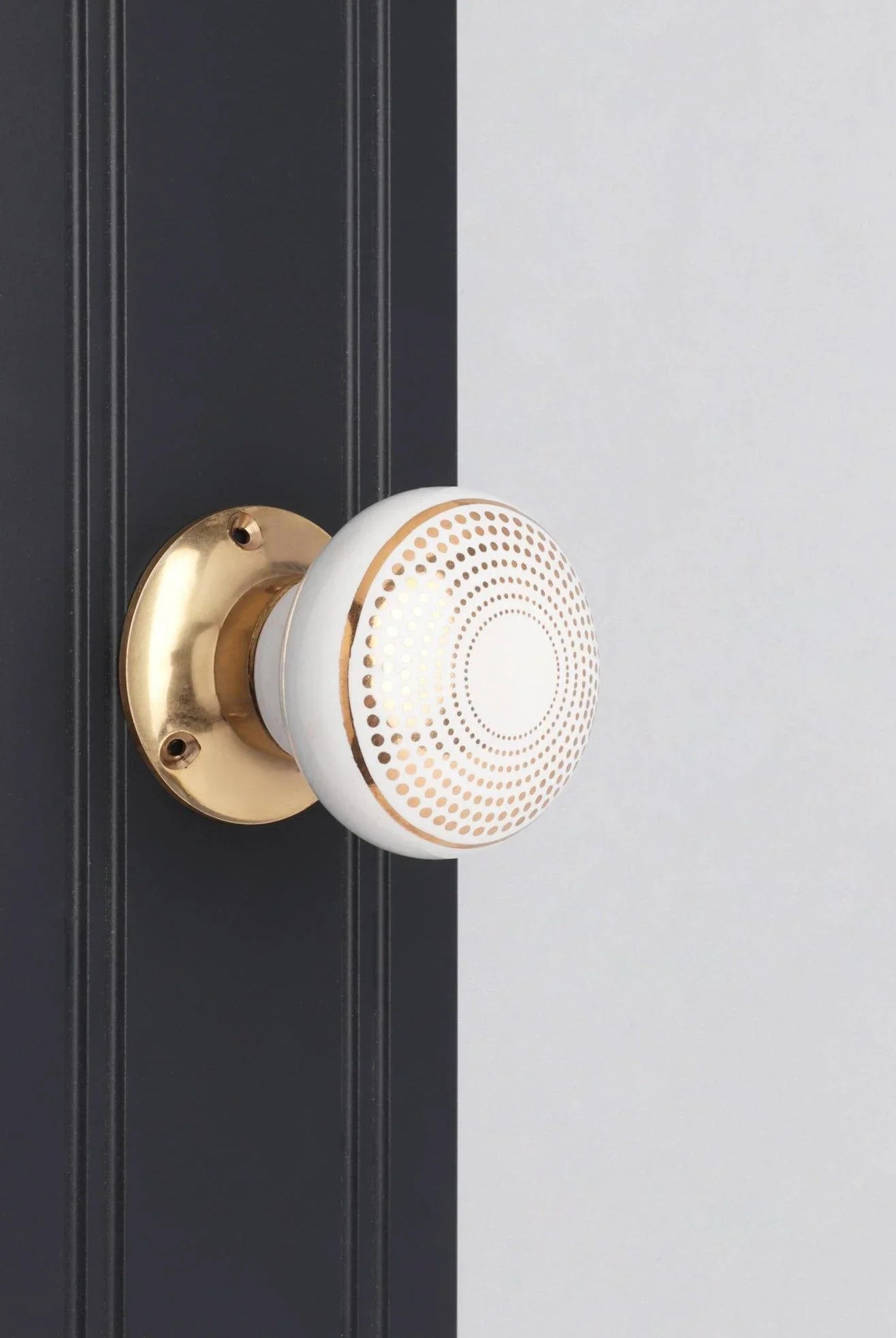 Royal Gold III – Handcrafted Ceramic Mortice Door Knob Set with Brass Base – Dotted Circle Pattern for Interior Room Doors - G Decor