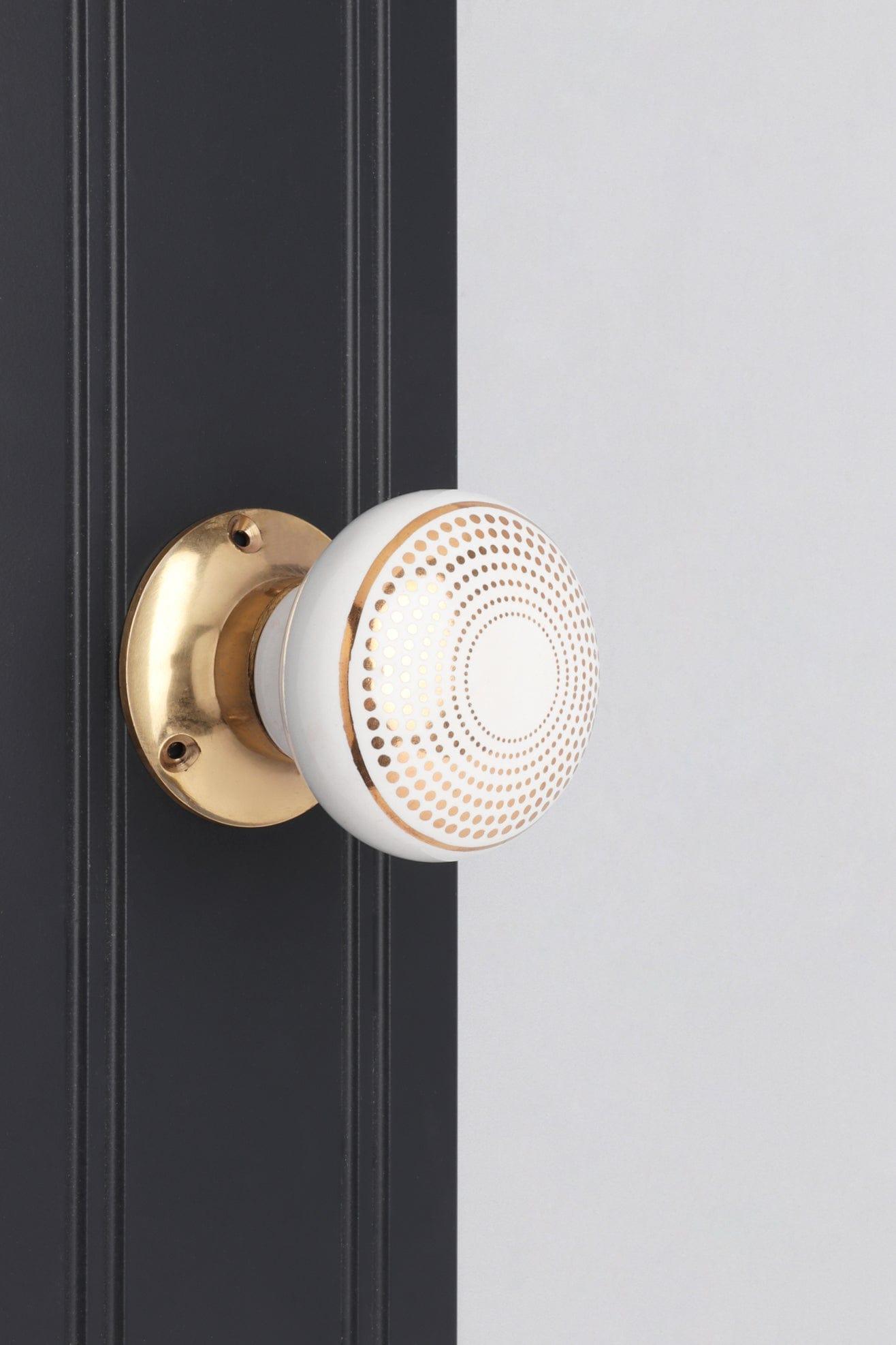 Royal Gold III – Handcrafted Ceramic Mortice Door Knob Set with Brass Base – Dotted Circle Pattern for Interior Room Doors - G Decor