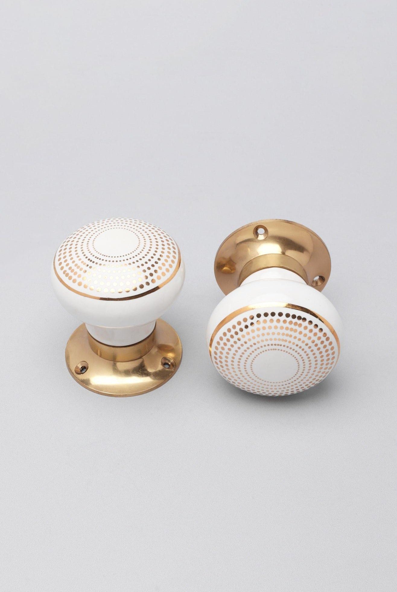 Royal Gold III – Handcrafted Ceramic Mortice Door Knob Set with Brass Base – Dotted Circle Pattern for Interior Room Doors - G Decor