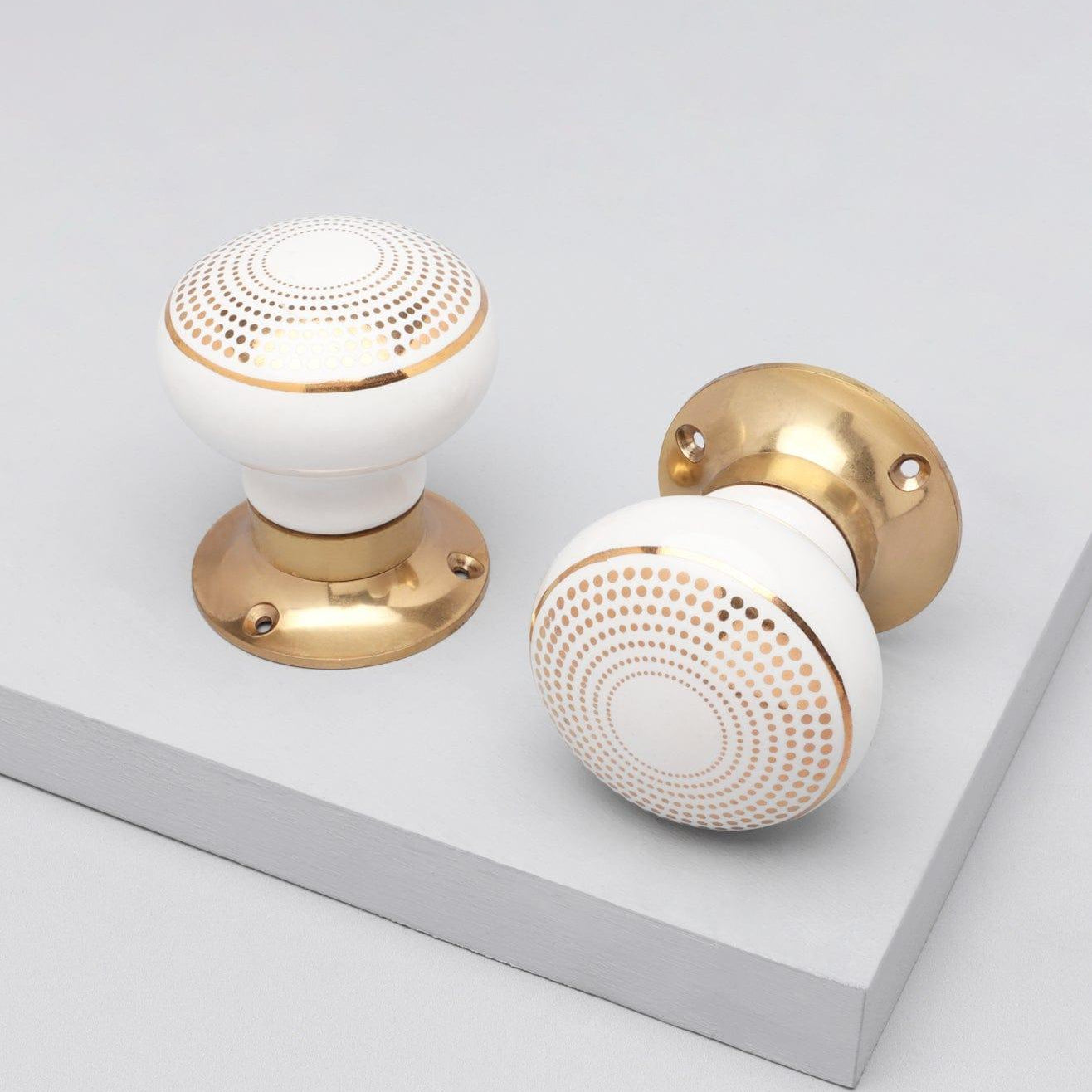 Royal Gold III – Handcrafted Ceramic Mortice Door Knob Set with Brass Base – Dotted Circle Pattern for Interior Room Doors - G Decor