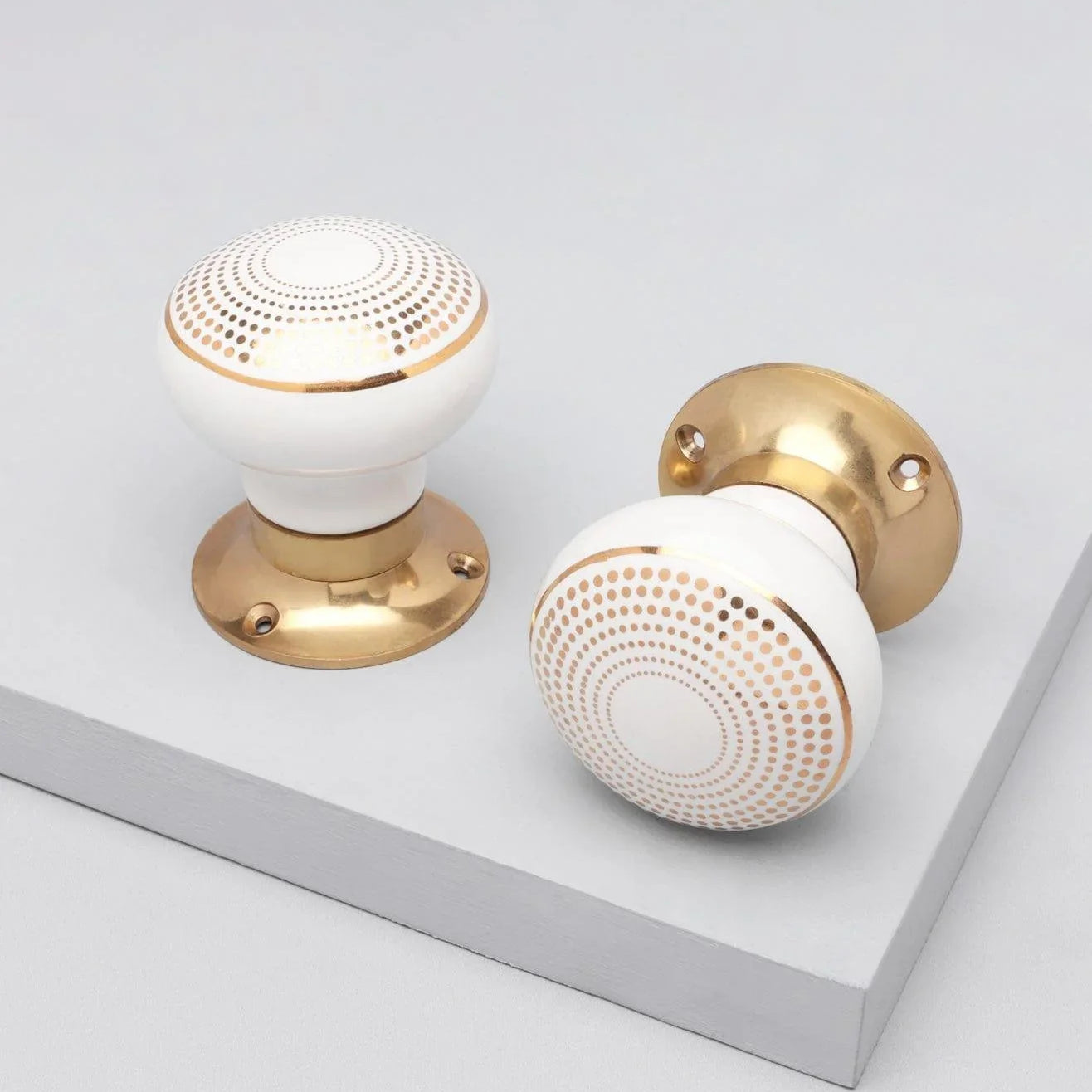 Royal Gold III – Handcrafted Ceramic Mortice Door Knob Set with Brass Base – Dotted Circle Pattern for Interior Room Doors - G Decor