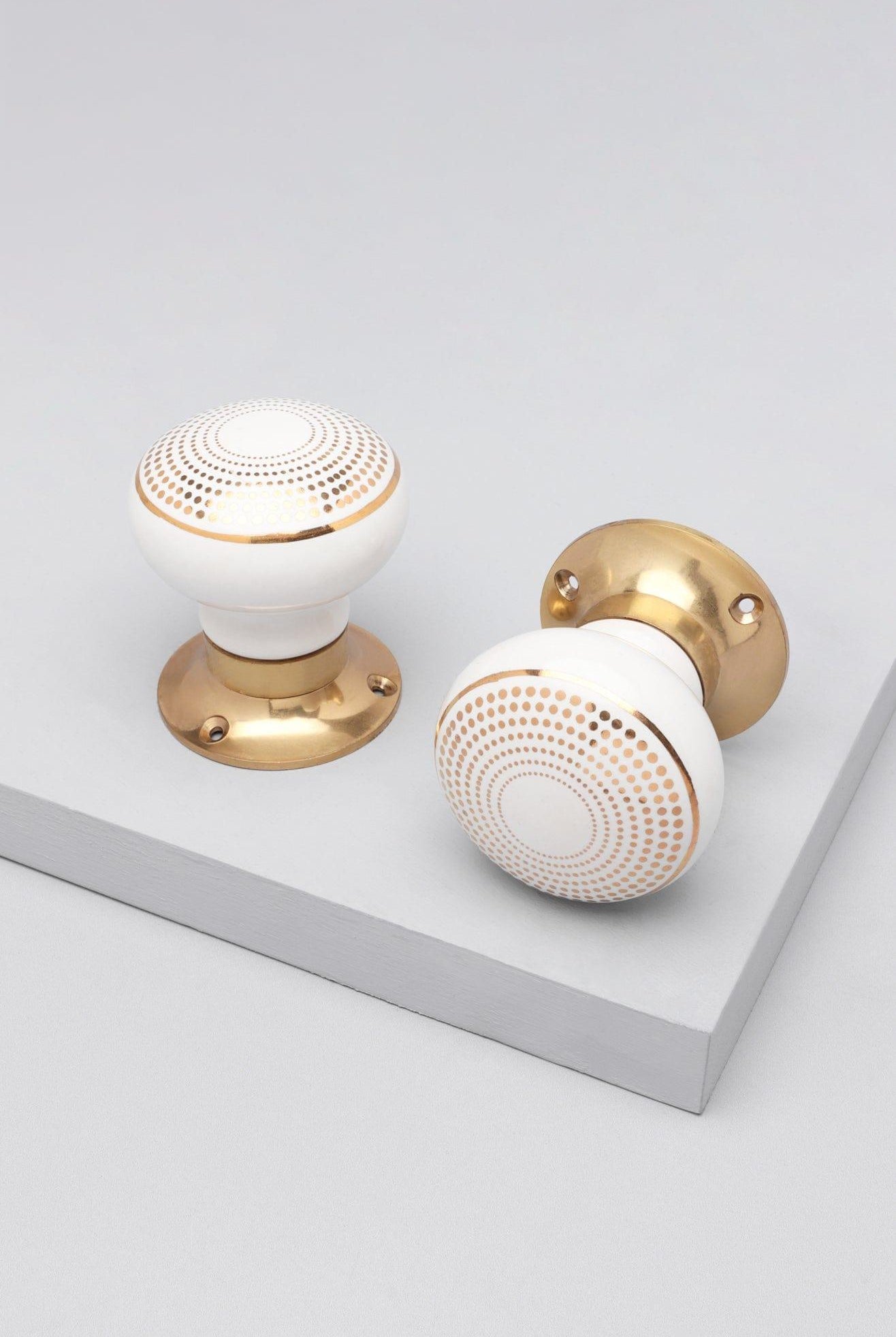 Royal Gold III – Handcrafted Ceramic Mortice Door Knob Set with Brass Base – Dotted Circle Pattern for Interior Room Doors - G Decor