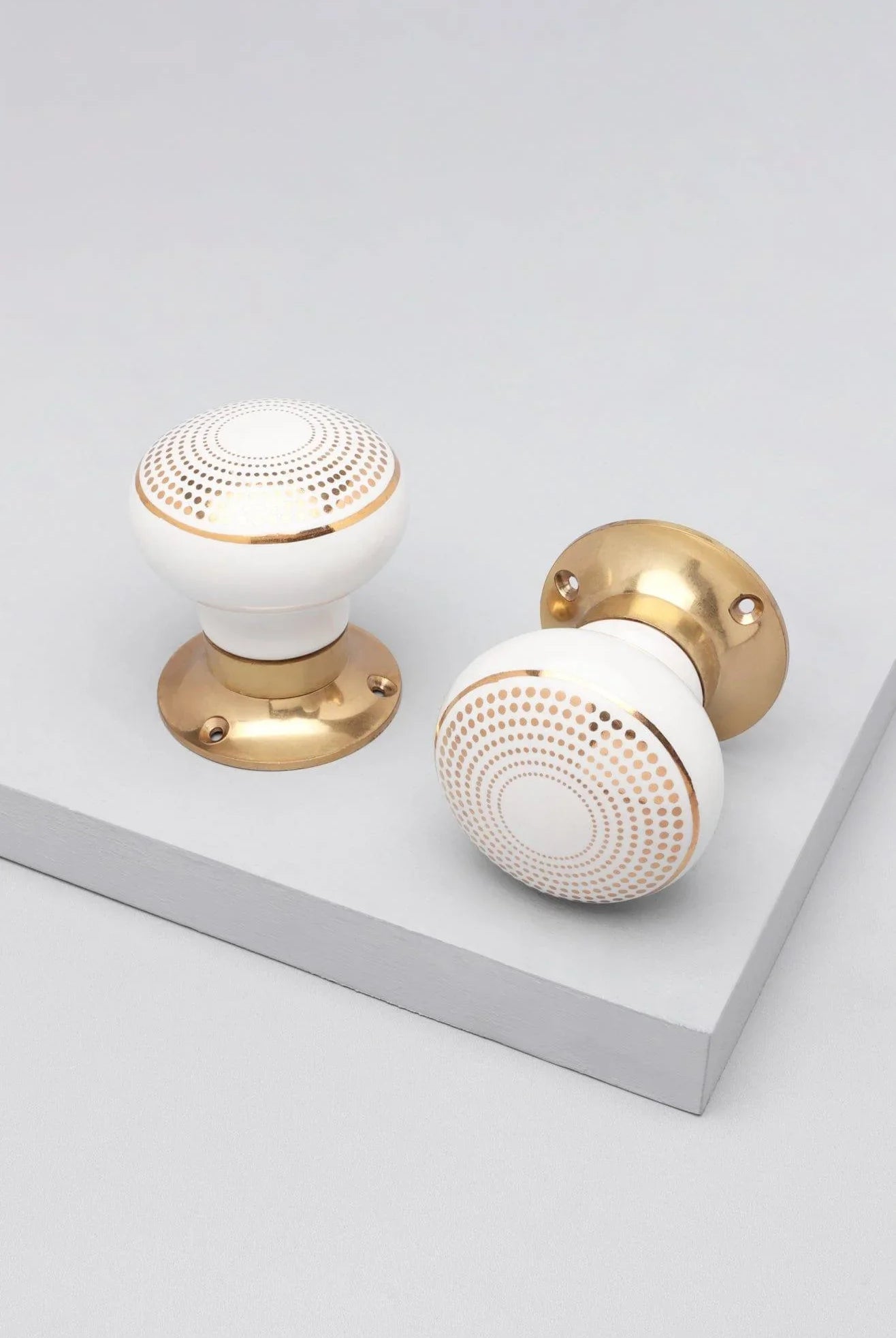 Royal Gold III – Handcrafted Ceramic Mortice Door Knob Set with Brass Base – Dotted Circle Pattern for Interior Room Doors - G Decor