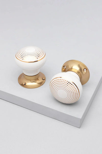 Royal Gold III Dotted Circle Ceramic Mortice Door Knobs — Brass