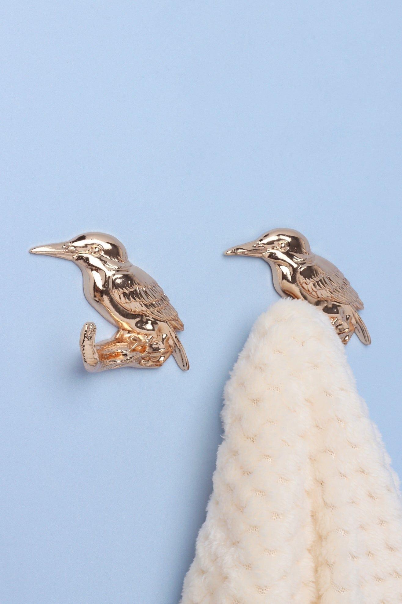 Set of 2 Kingfisher Gold Wall Hooks Sculpted Bird Coat & Towel Holders - G Decor