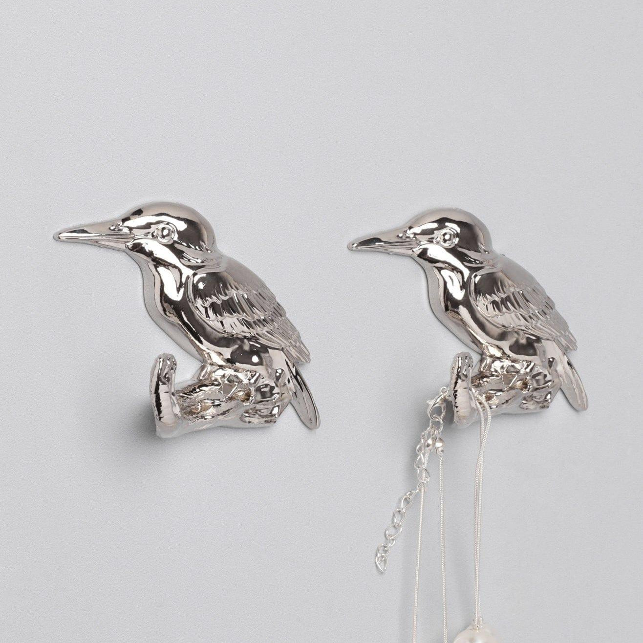 Set of 2 Kingfisher Silver Wall Hooks Sculpted Bird Design for Coats, Towels & Accessories - G Decor