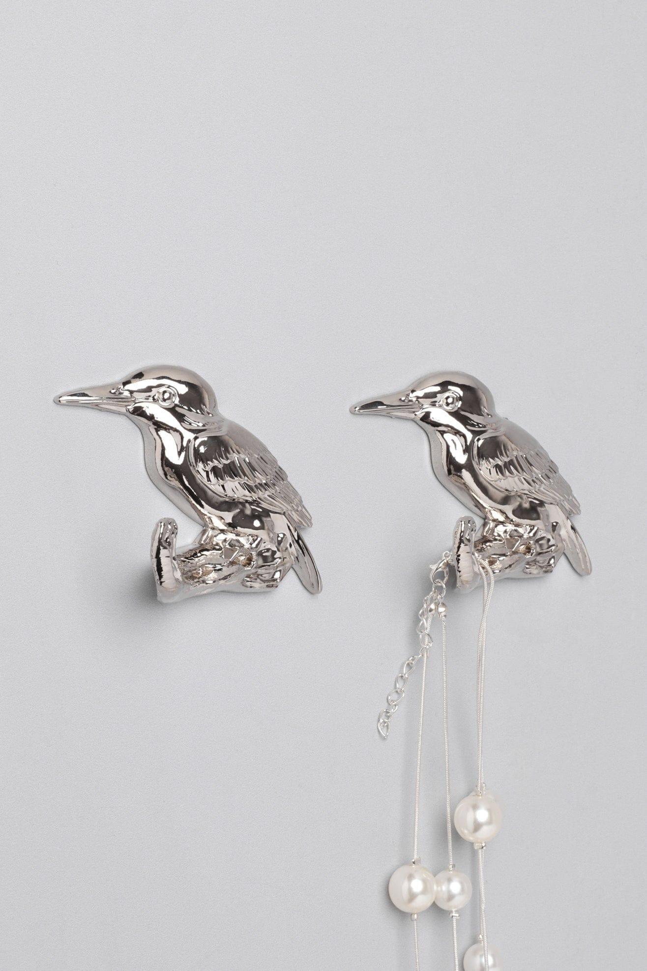 Set of 2 Kingfisher Silver Wall Hooks Sculpted Bird Design for Coats, Towels & Accessories - G Decor