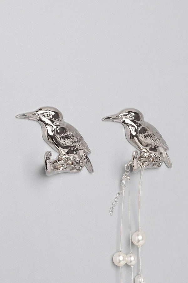 Pair of Kingfisher Silver Sculpted Bird Wall Hooks