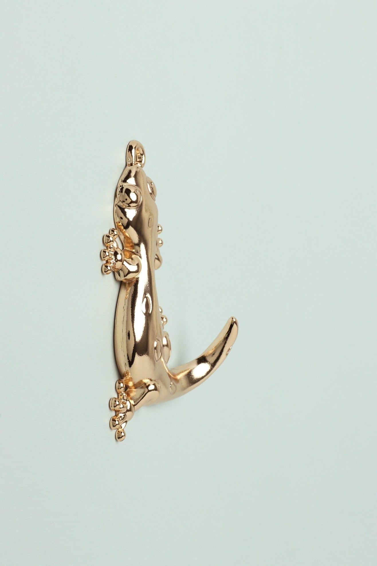 Set of 2 Lizard Gold Wall Hooks Sculpted Animal Design for Coats, Towels & Accessories - G Decor