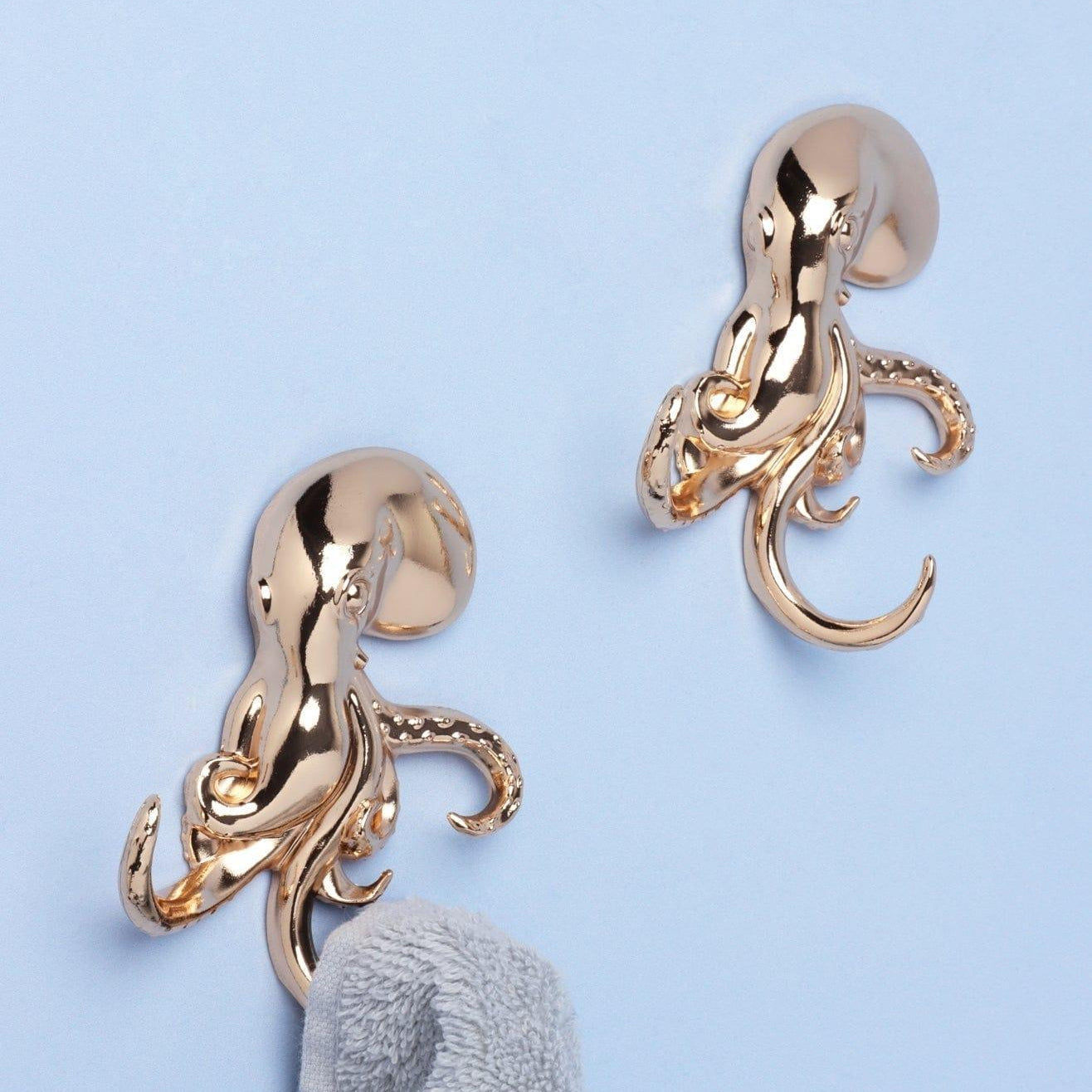 Set of 2 Octopus Gold Wall Hooks Sculpted Sea Life Design for Coats, Towels & Accessories - G Decor