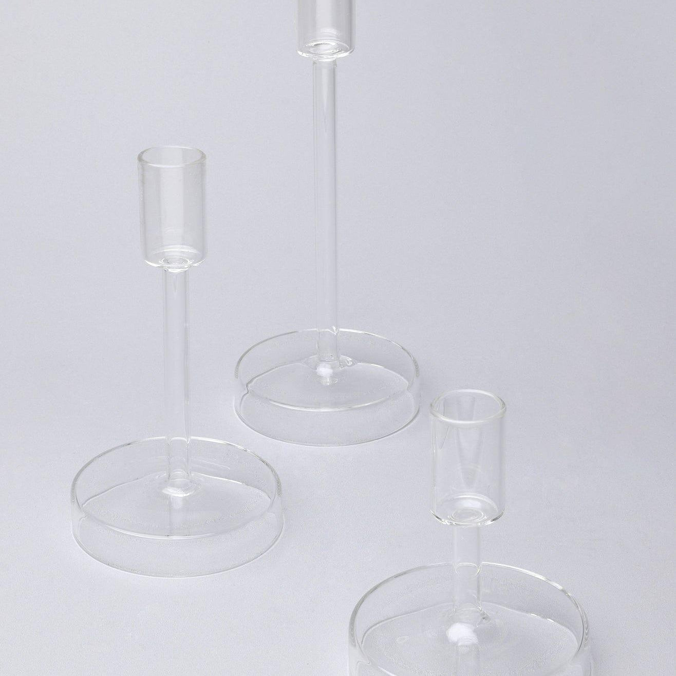 Set of 3 Halo Handblown Glass Candle Holders Clear Glass Stands for Dinner & Taper Candles - G Decor