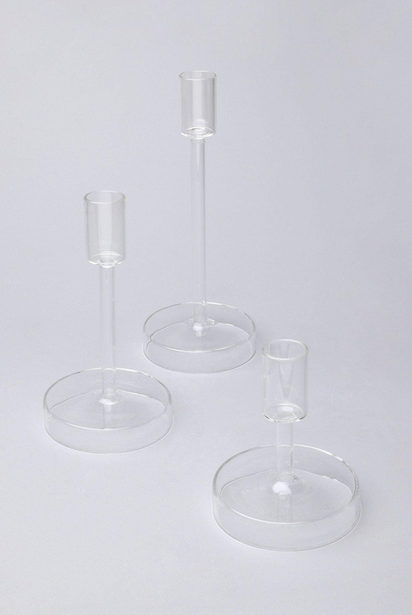 Set of 3 Halo Handblown Glass Candle Holders Clear Glass Stands for Dinner & Taper Candles - G Decor