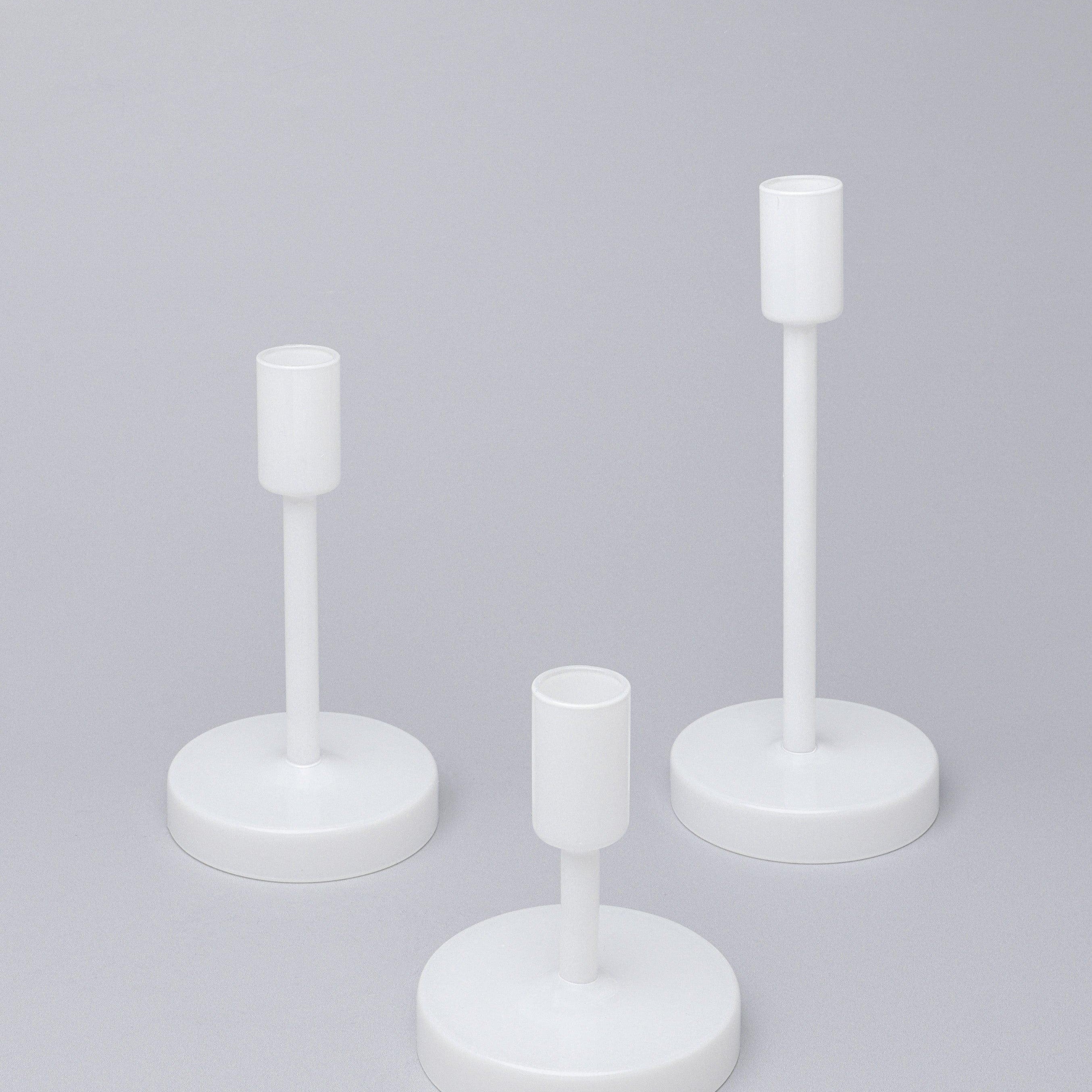 Set of 3 Halo Handblown Glass Candle Holders, White Glass Stands for Dinner & Taper Candles - G Decor
