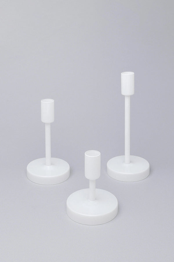Set of 3 Halo Hand-Blown White Glass Dinner and Taper Candle Holders