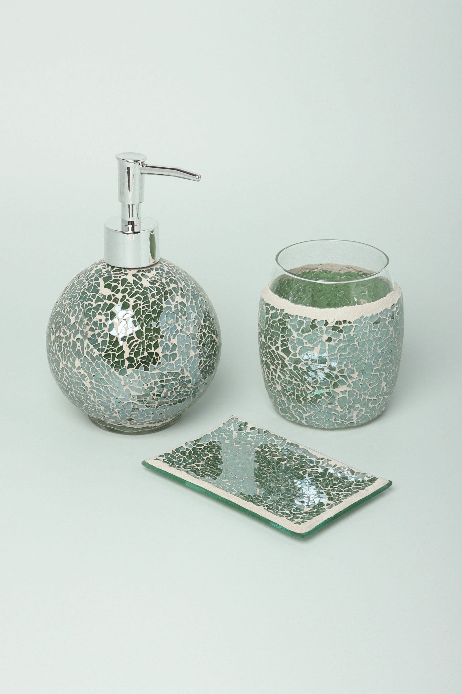 Corfu Three-Piece Emerald Mosaic Bathroom Accessory Set — view 5, G Decor