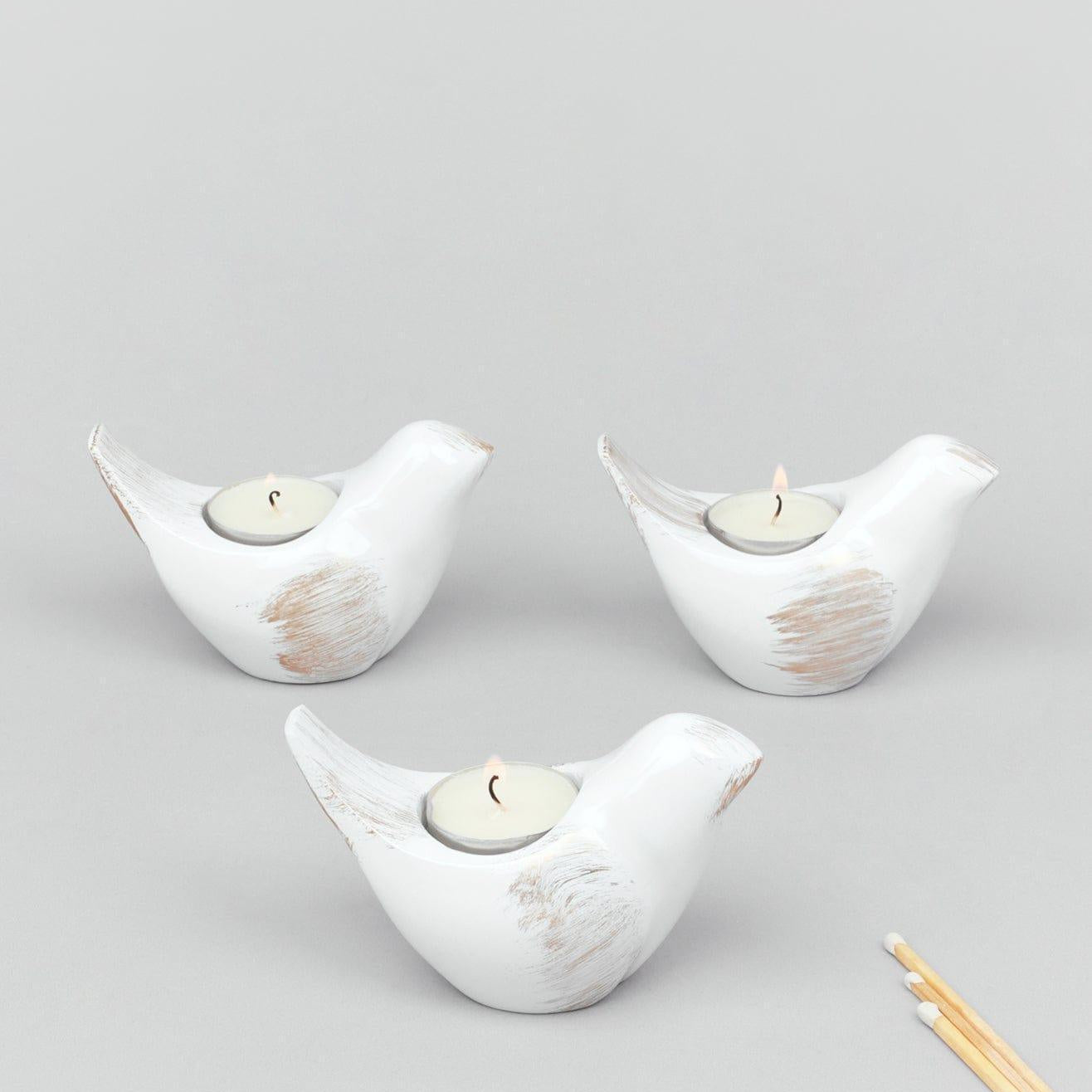 Set of 3 Rustic Ceramic Pigeon Tealight Holders - G Decor