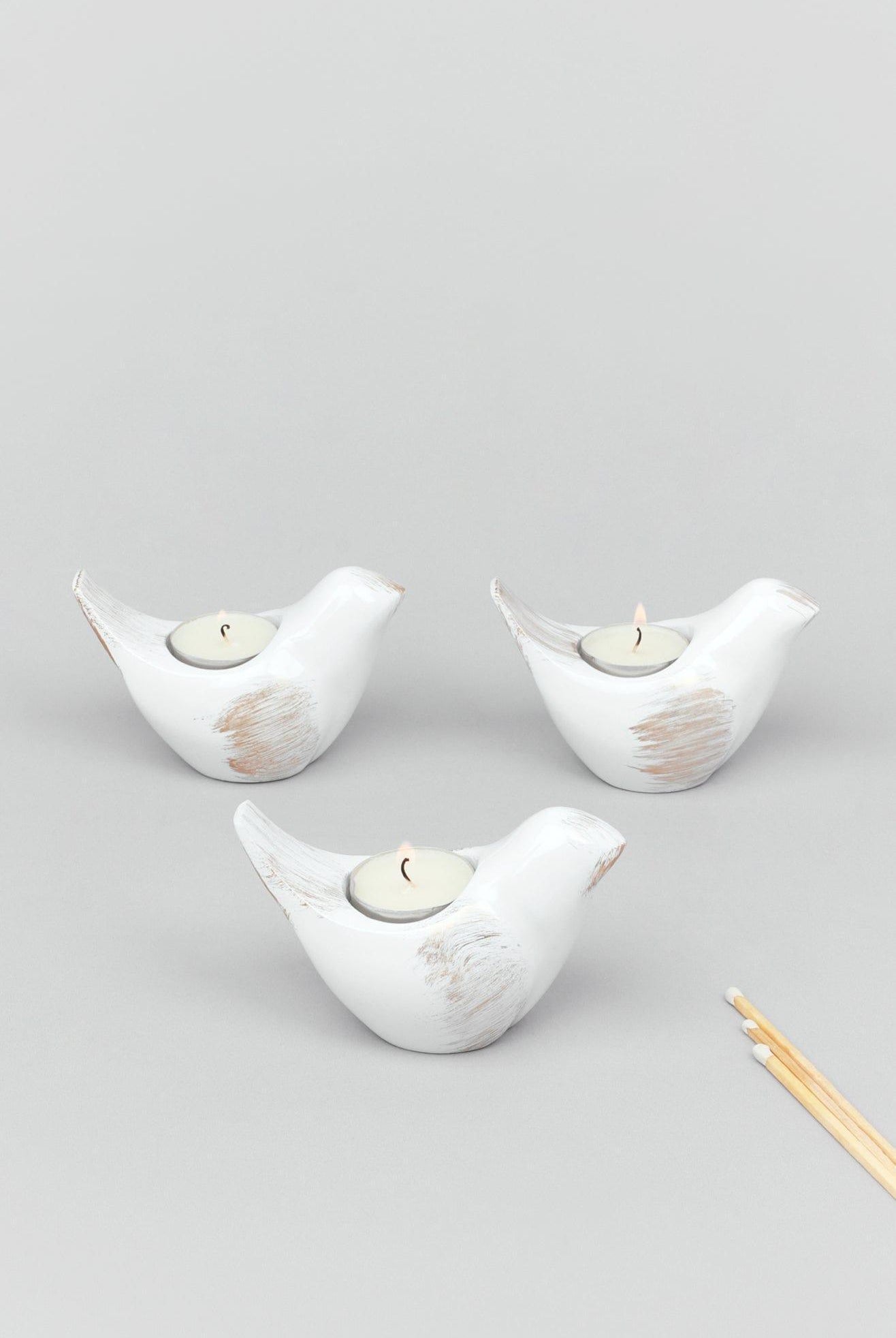 Set of 3 Rustic Ceramic Pigeon Tealight Holders - G Decor