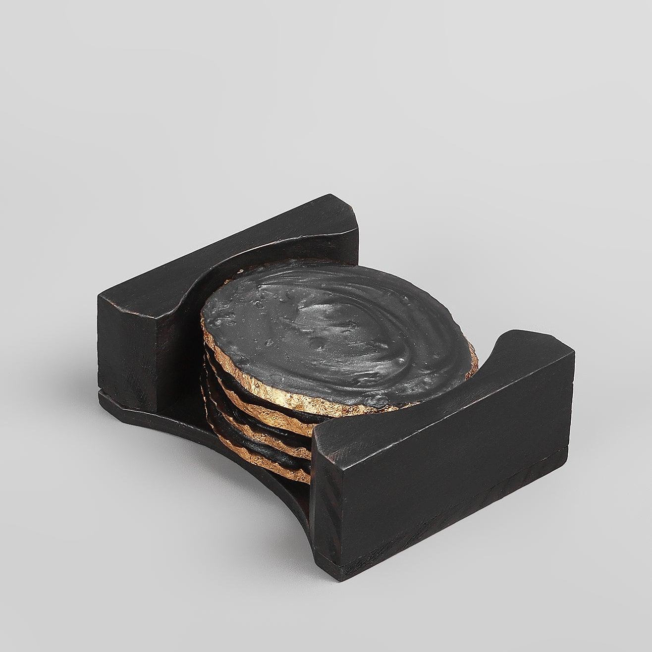 Set of 4 Black Agate-Inspired Coasters Irregular Black & Gold Coasters With Holder - G Decor
