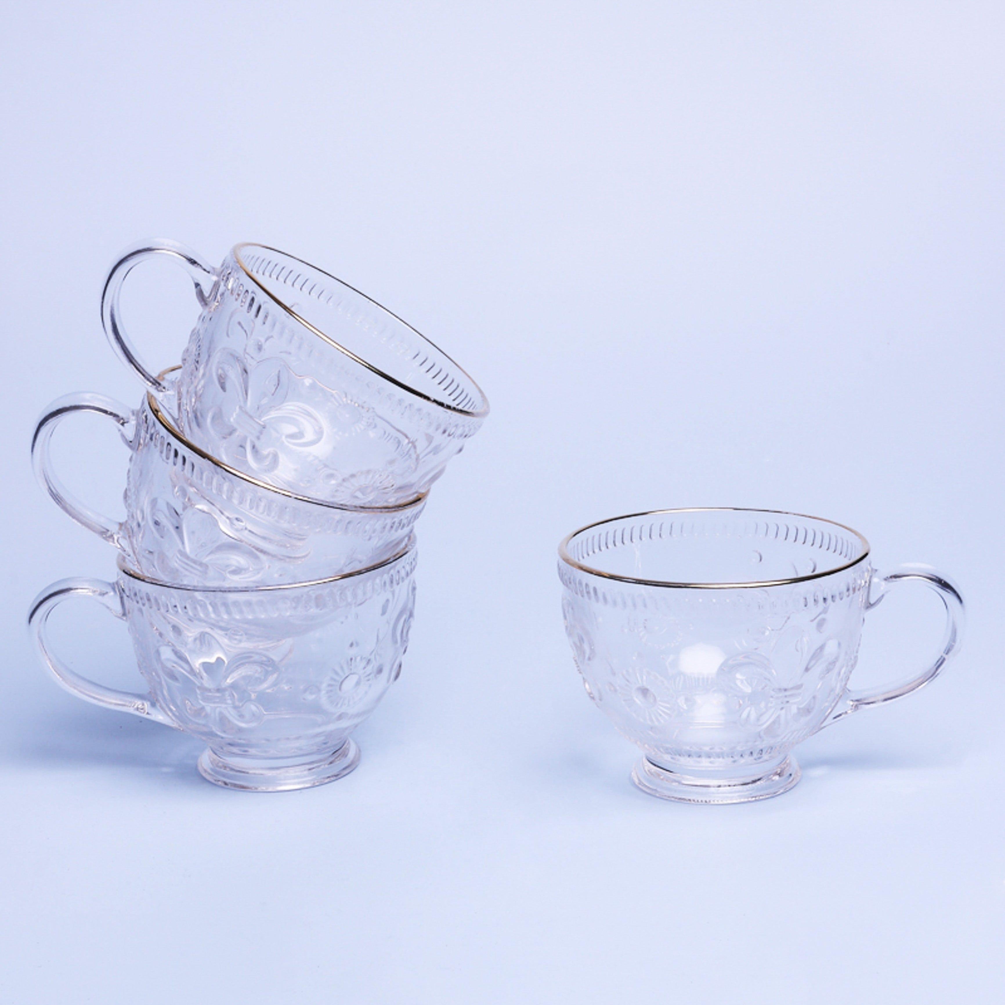 Set of 4 Marcelle Fleur-de-Lis Glass Mugs Embossed Cups with Gold Rim - G Decor