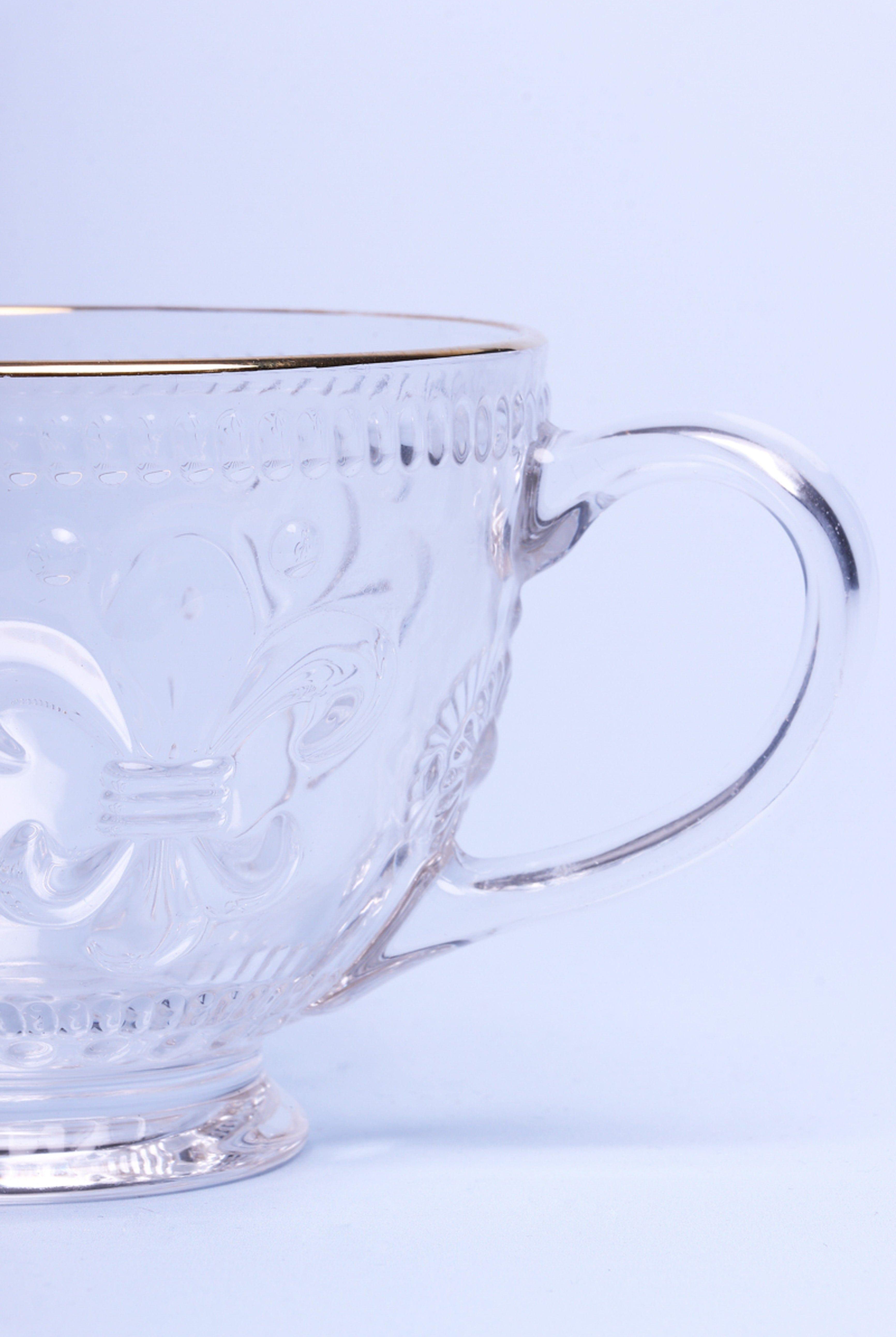 Set of 4 Marcelle Fleur-de-Lis Glass Mugs Embossed Cups with Gold Rim - G Decor