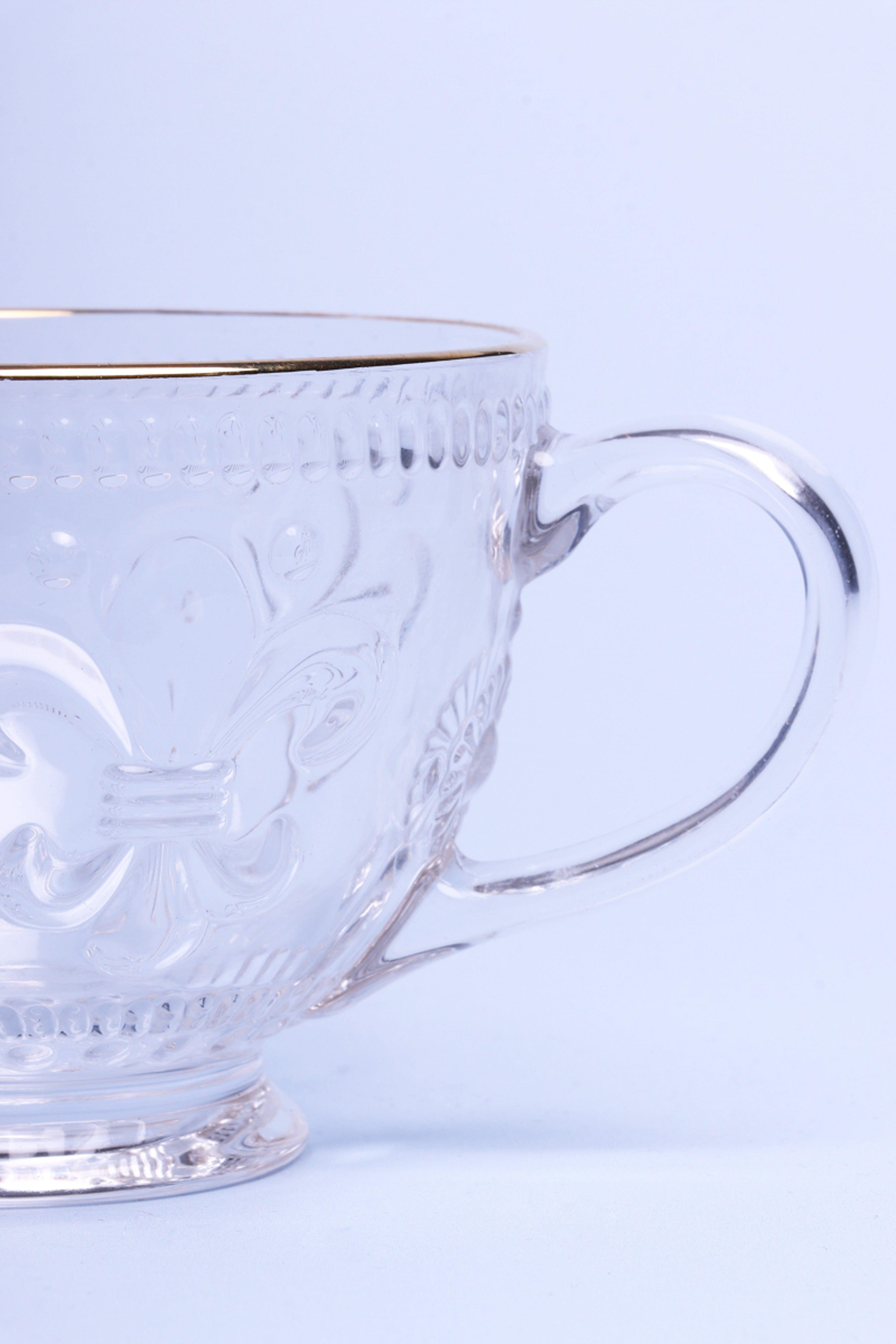 Set of 4 Marcelle Fleur-de-Lis Glass Mugs Embossed Cups with Gold Rim - G Decor