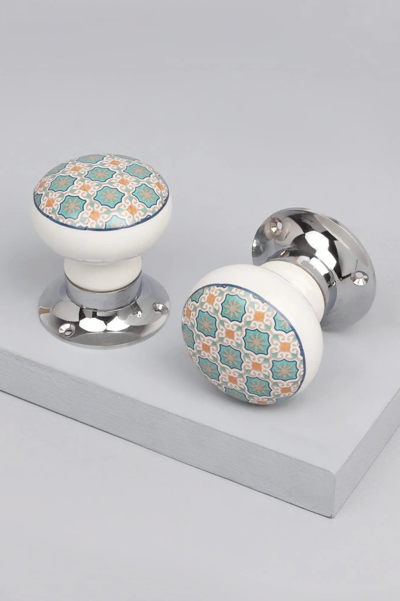 Divine Will Patterned Ceramic Mortice Door Knobs with Chrome Base — G Decor