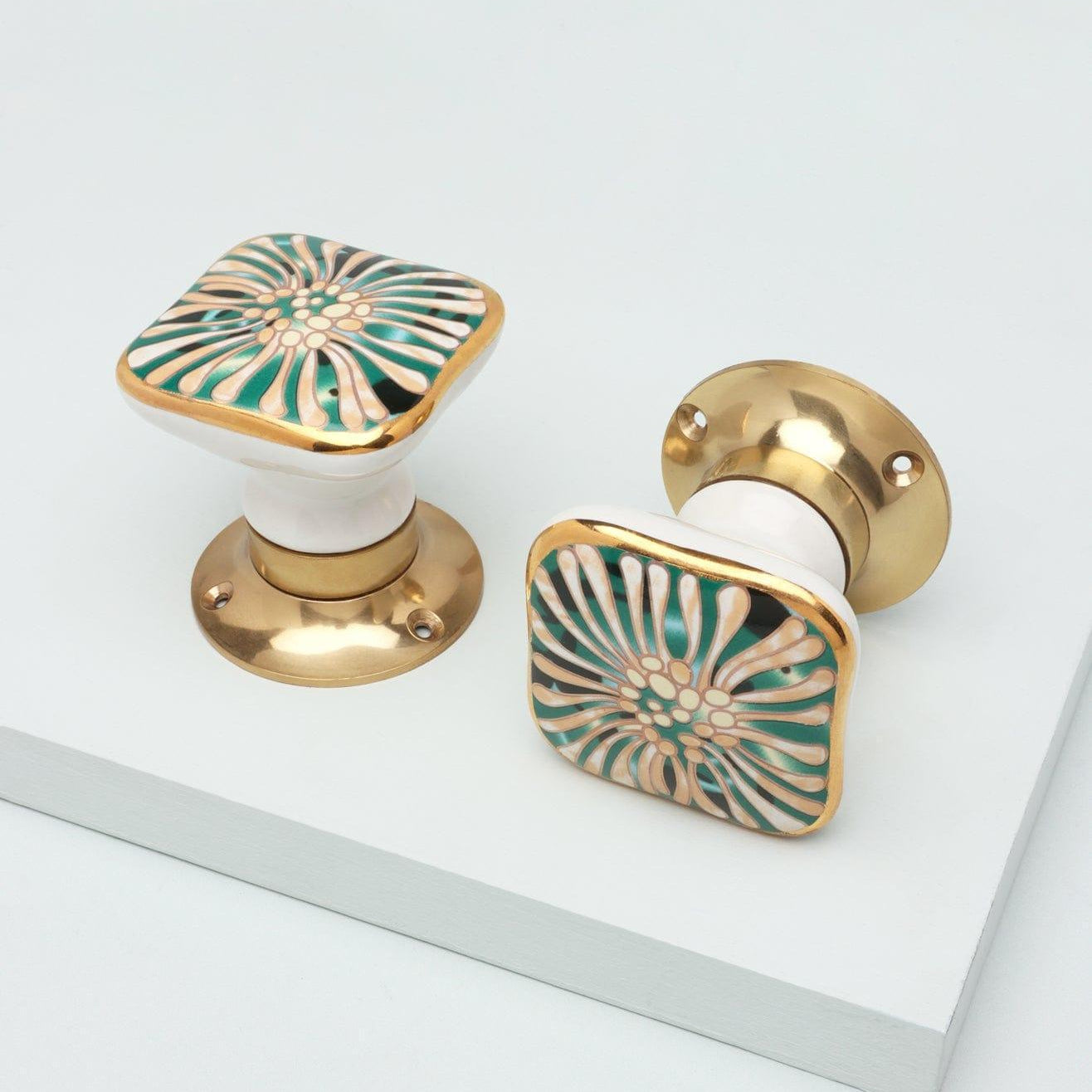 Set of Milano Signature Handcrafted & Hand-Painted Internal Mortice Turning Door Handles – Ceramic Knobs with Brass Base - G Decor