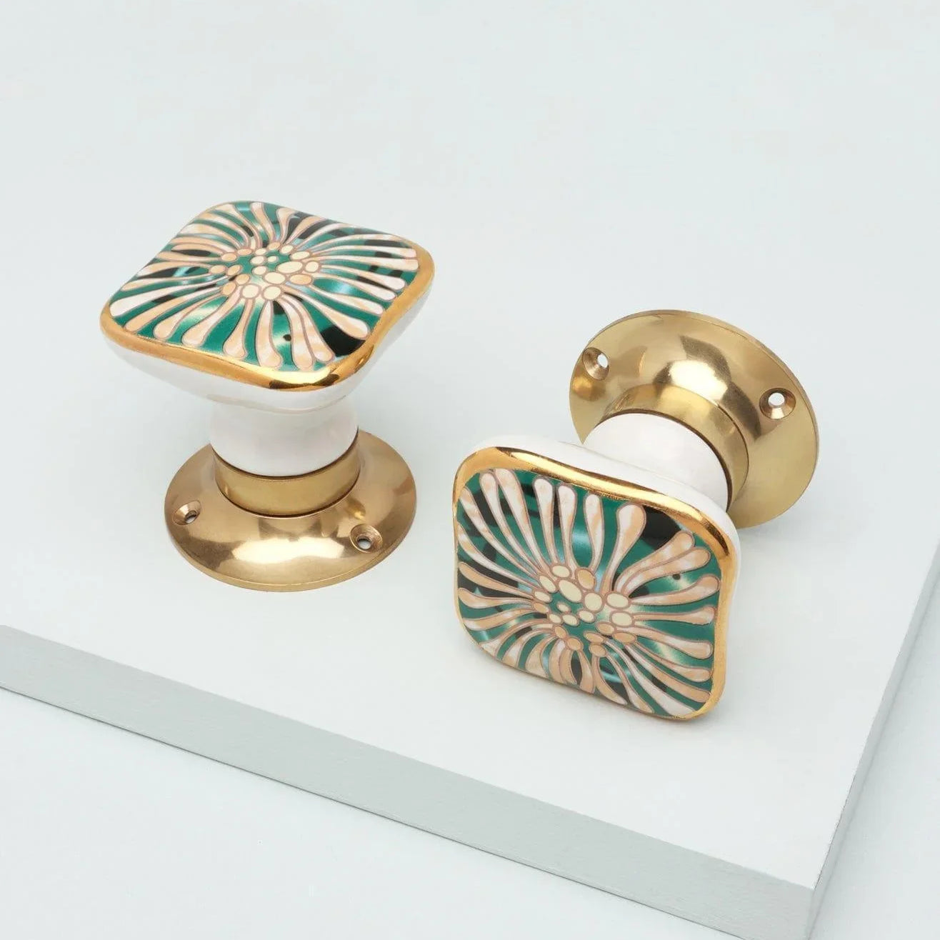 Set of Milano Signature Handcrafted & Hand-Painted Internal Mortice Turning Door Handles – Ceramic Knobs with Brass Base - G Decor