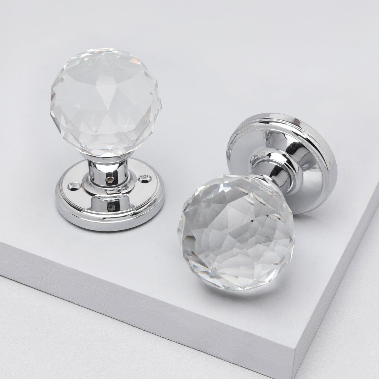 Set of Solid Crystal Round Clear Glass Knobs – Internal Mortice Door Handles with Turning Mechanism, Suitable for Bedroom, Entry & Room Doors, with Chrome Base - G Decor