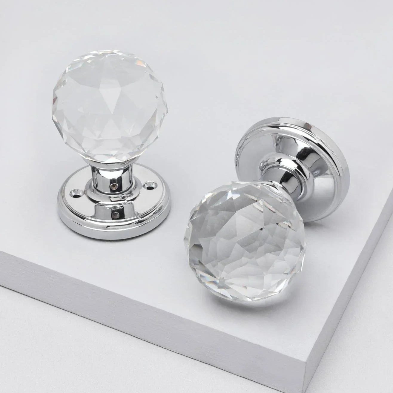 Set of Solid Crystal Round Clear Glass Knobs – Internal Mortice Door Handles with Turning Mechanism, Suitable for Bedroom, Entry & Room Doors, with Chrome Base - G Decor
