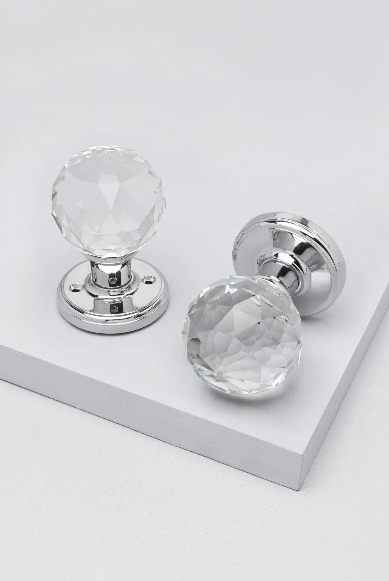 Set of Solid Crystal Round Clear Glass Knobs – Internal Mortice Door Handles with Turning Mechanism, Suitable for Bedroom, Entry & Room Doors, with Chrome Base - G Decor