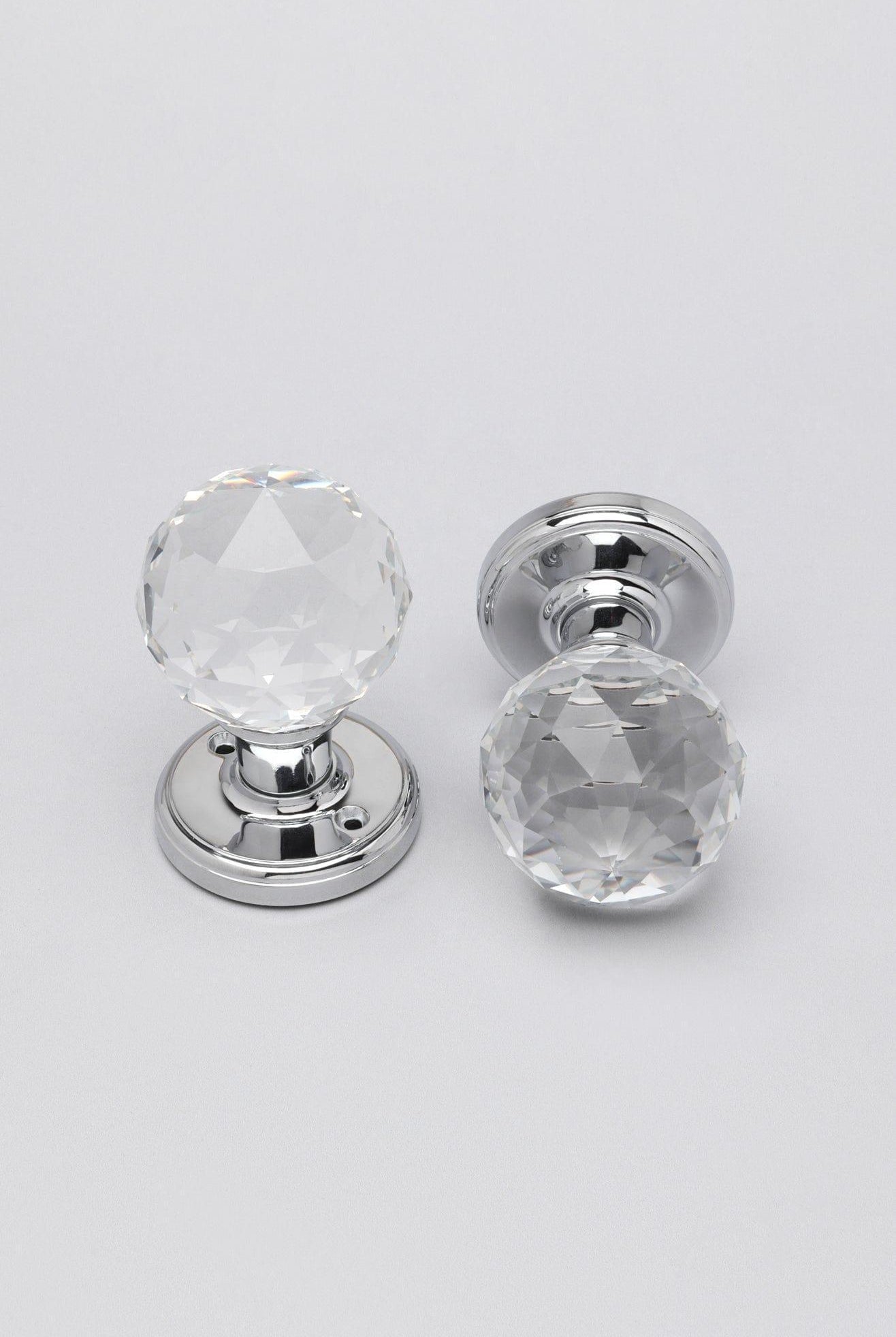 Set of Solid Crystal Round Clear Glass Knobs – Internal Mortice Door Handles with Turning Mechanism, Suitable for Bedroom, Entry & Room Doors, with Chrome Base - G Decor