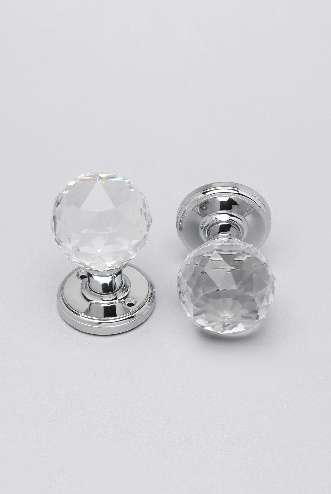 Set of Solid Crystal Round Clear Glass Knobs – Internal Mortice Door Handles with Turning Mechanism, Suitable for Bedroom, Entry & Room Doors, with Chrome Base - G Decor