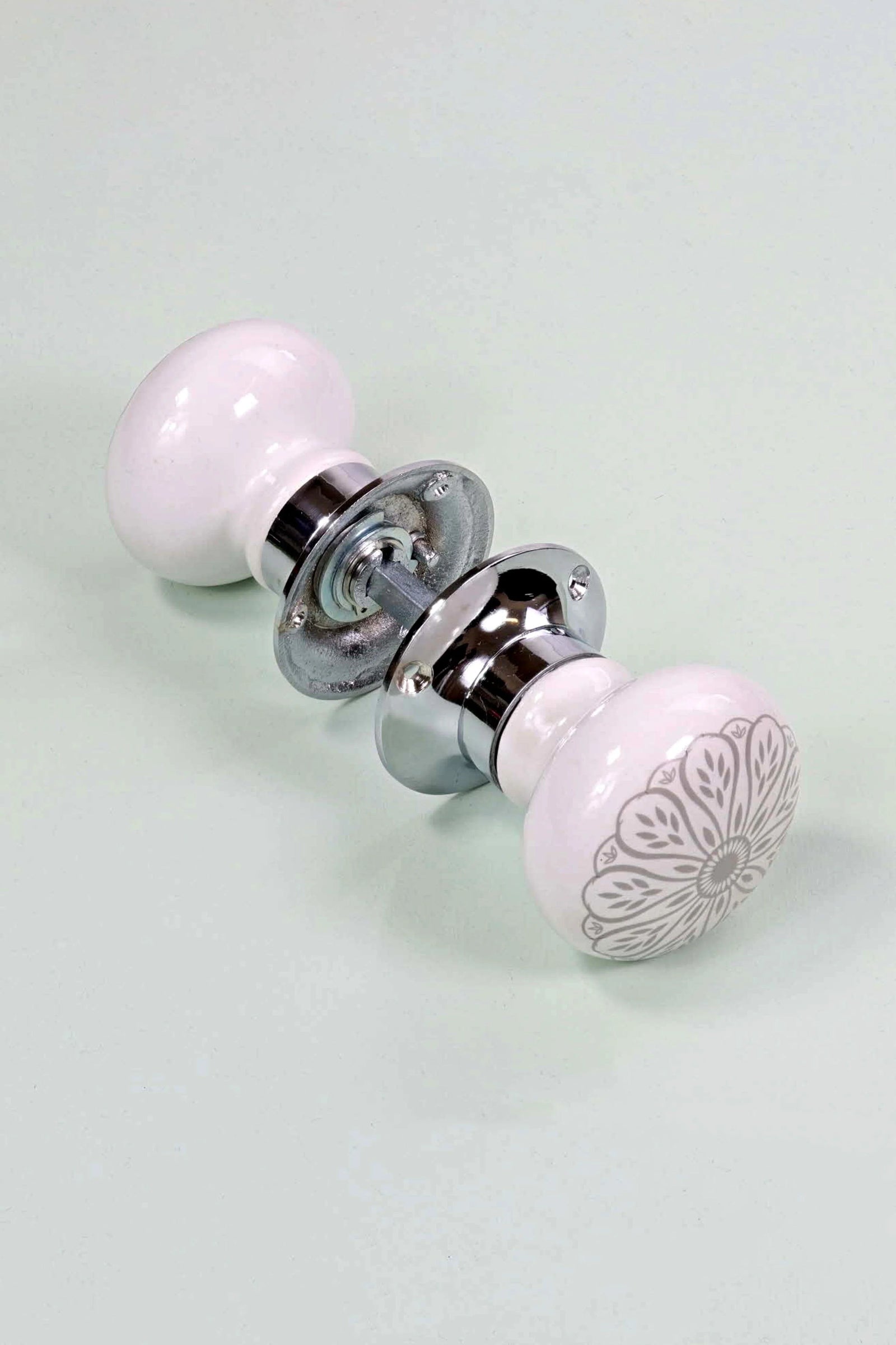 Success Ceramic Mortice Door Knobs with Chrome Base — close-up view, G Decor