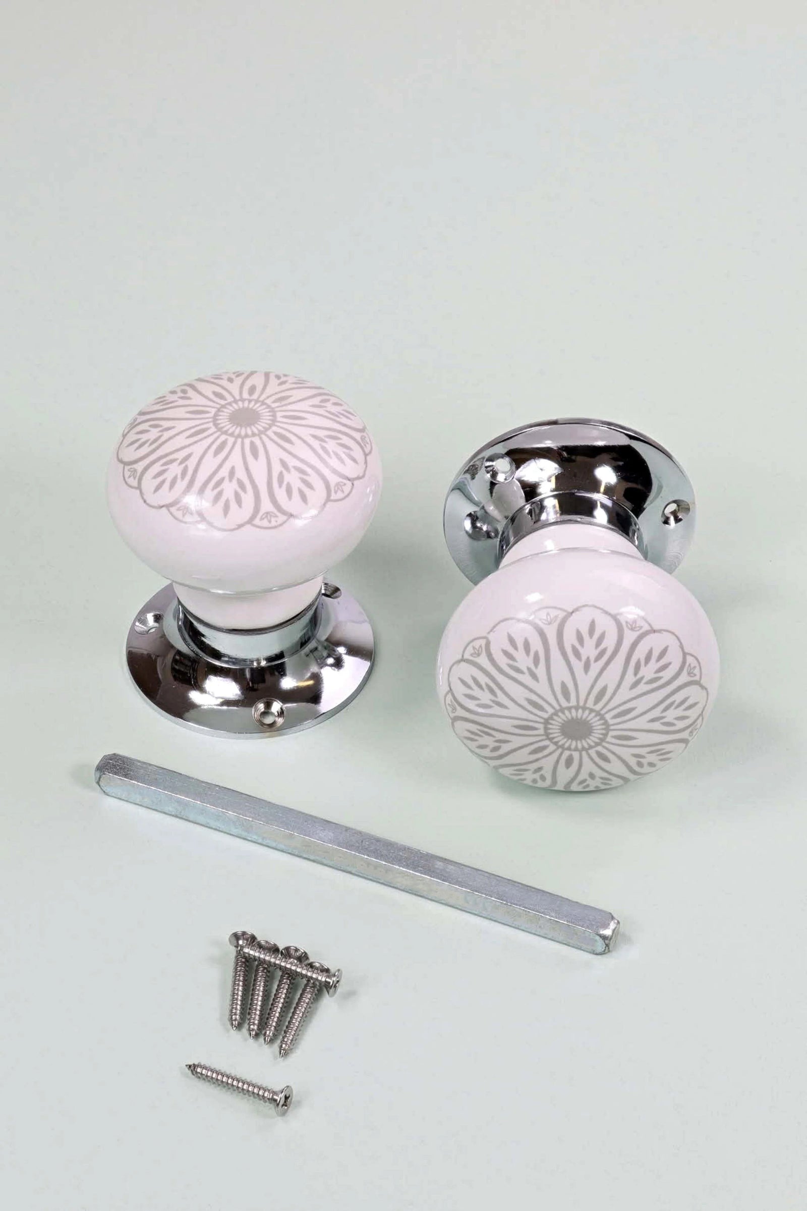 Success Ceramic Mortice Door Knobs with Chrome Base — lifestyle view, G Decor