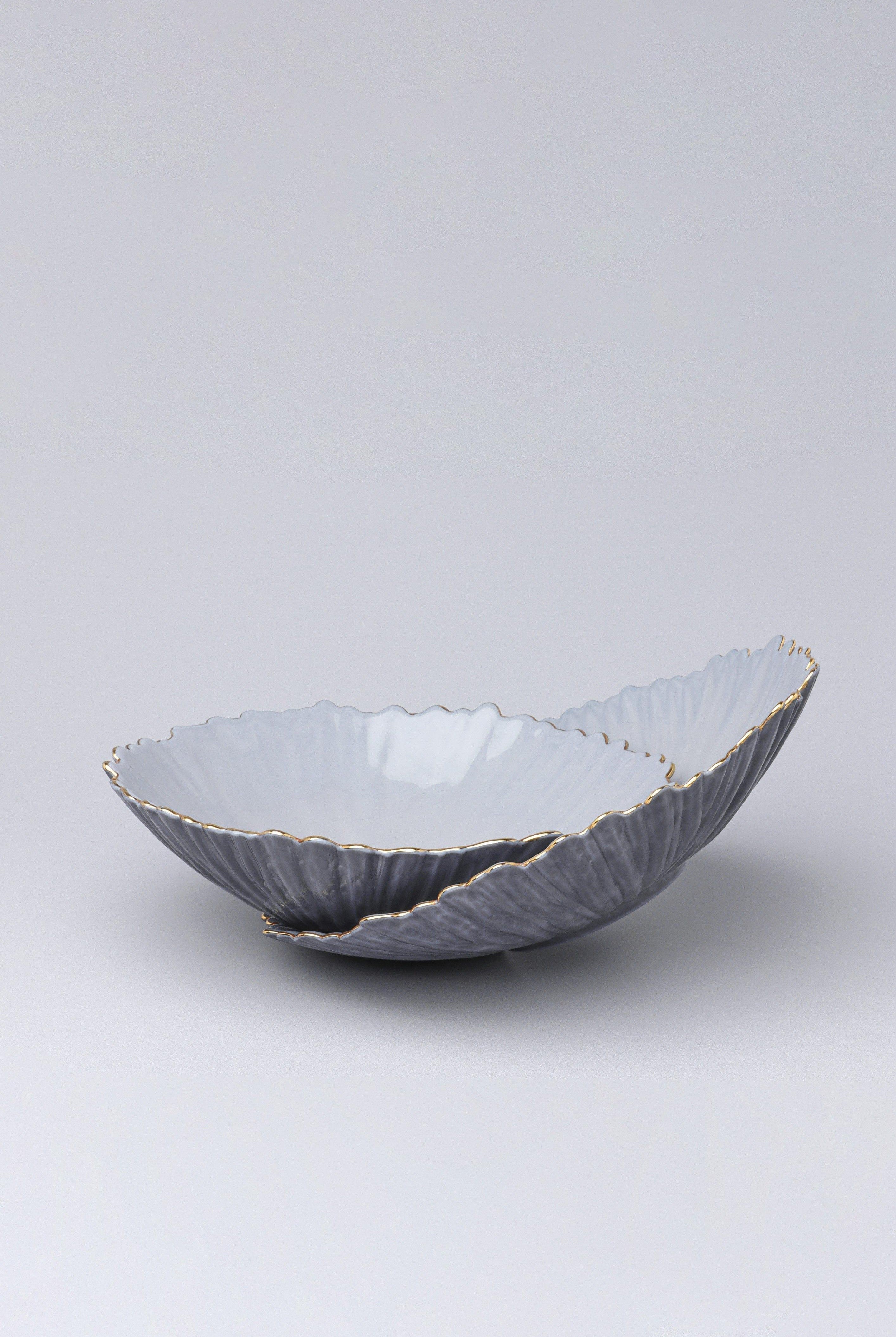 Set Of Two or Single Asteria Irregular Slate Grey Gold Rim Serving Bowls - G Decor