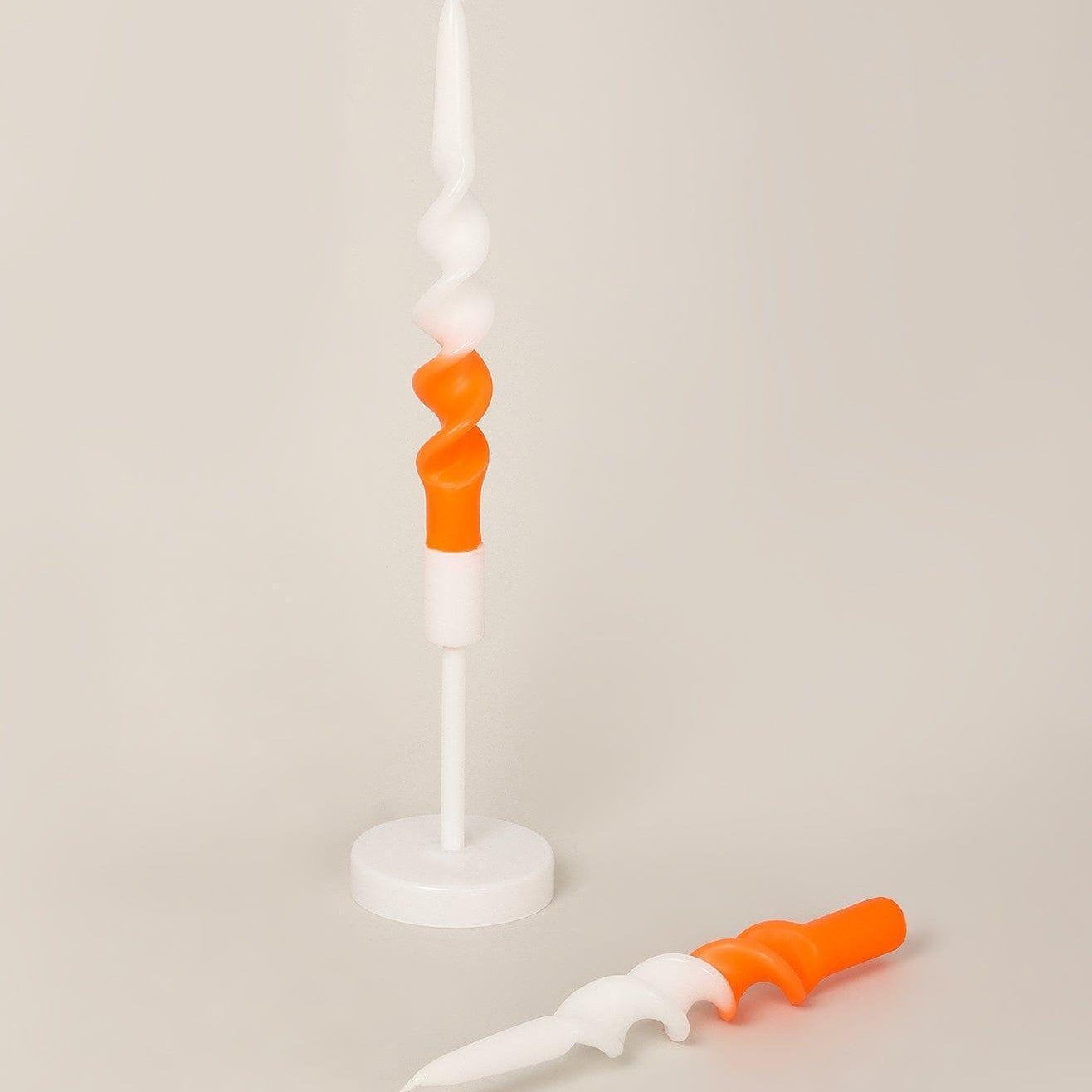 Set of Two-Toned White and Orange Spiral Twisted Hand Dipped Candlesticks Taper Church Dinner Candles - G Decor