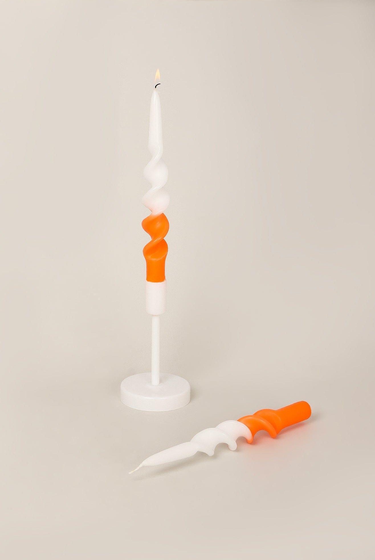 Set of Two-Toned White and Orange Spiral Twisted Hand Dipped Candlesticks Taper Church Dinner Candles - G Decor