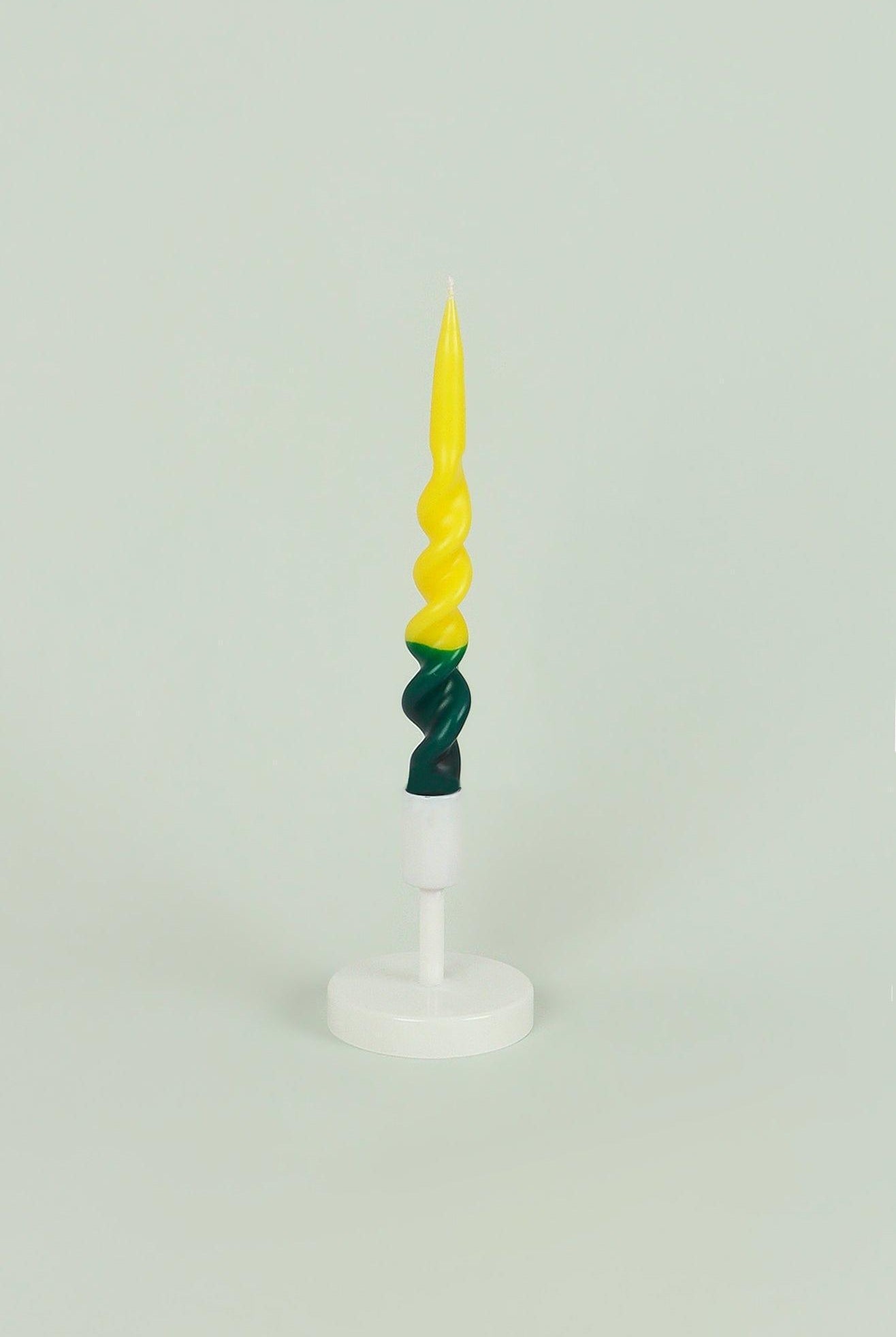 Set of Two-Toned Yellow and Dark Green Spiral Twisted Hand Dipped Candlesticks Taper Church Dinner Candles - G Decor