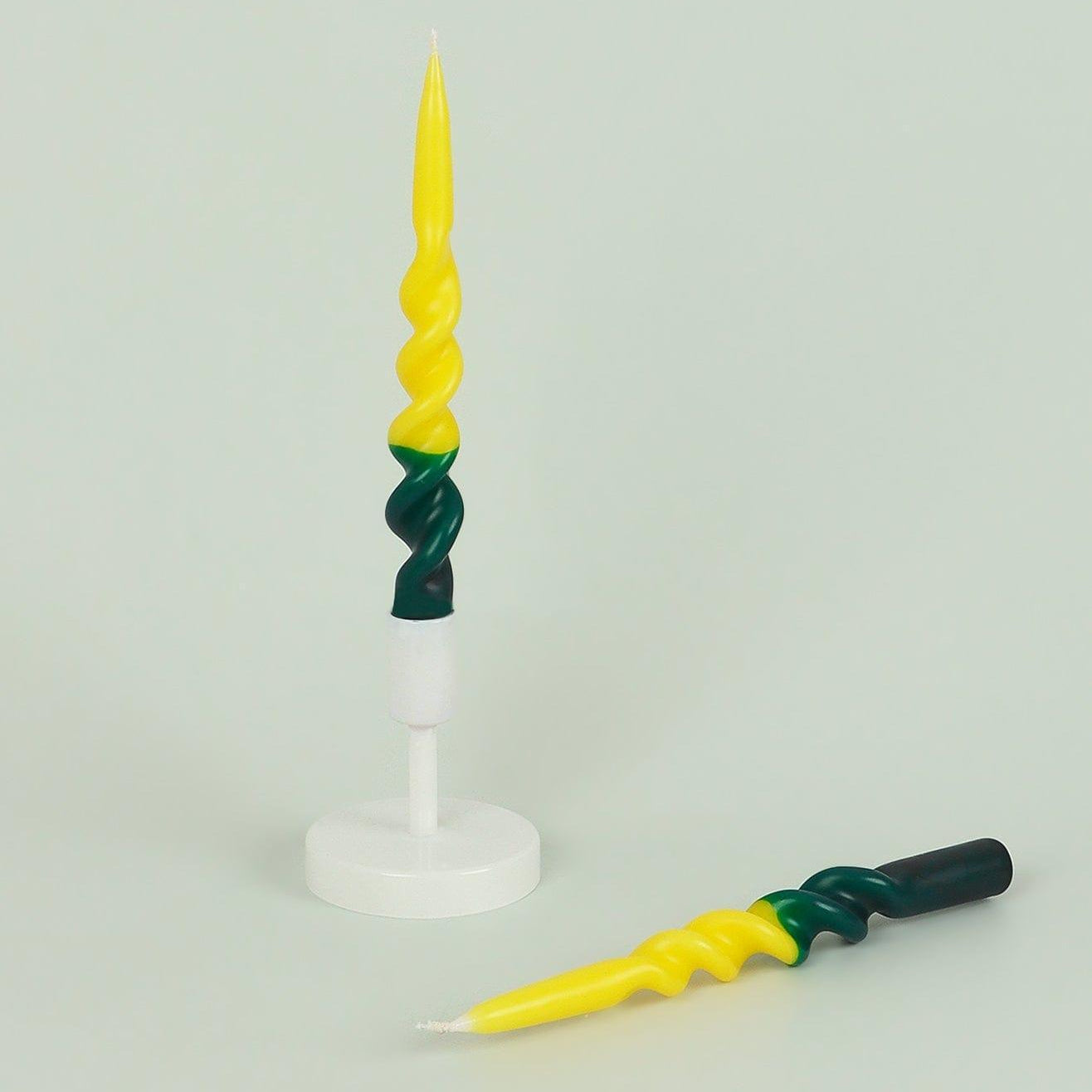 Set of Two-Toned Yellow and Dark Green Spiral Twisted Hand Dipped Candlesticks Taper Church Dinner Candles - G Decor