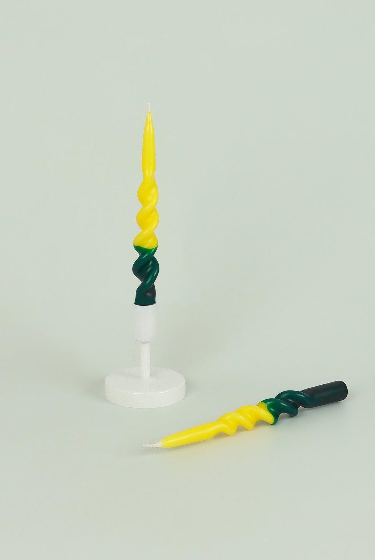 Set of Two-Toned Yellow and Dark Green Spiral Twisted Hand Dipped Candlesticks Taper Church Dinner Candles - G Decor