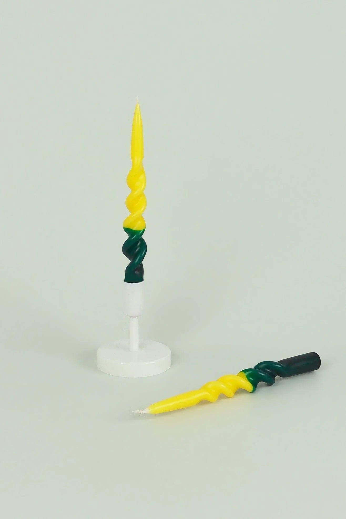 Twist and Pop Pair of Yellow and Dark Green Spiral Twisted Taper Candles — G Decor