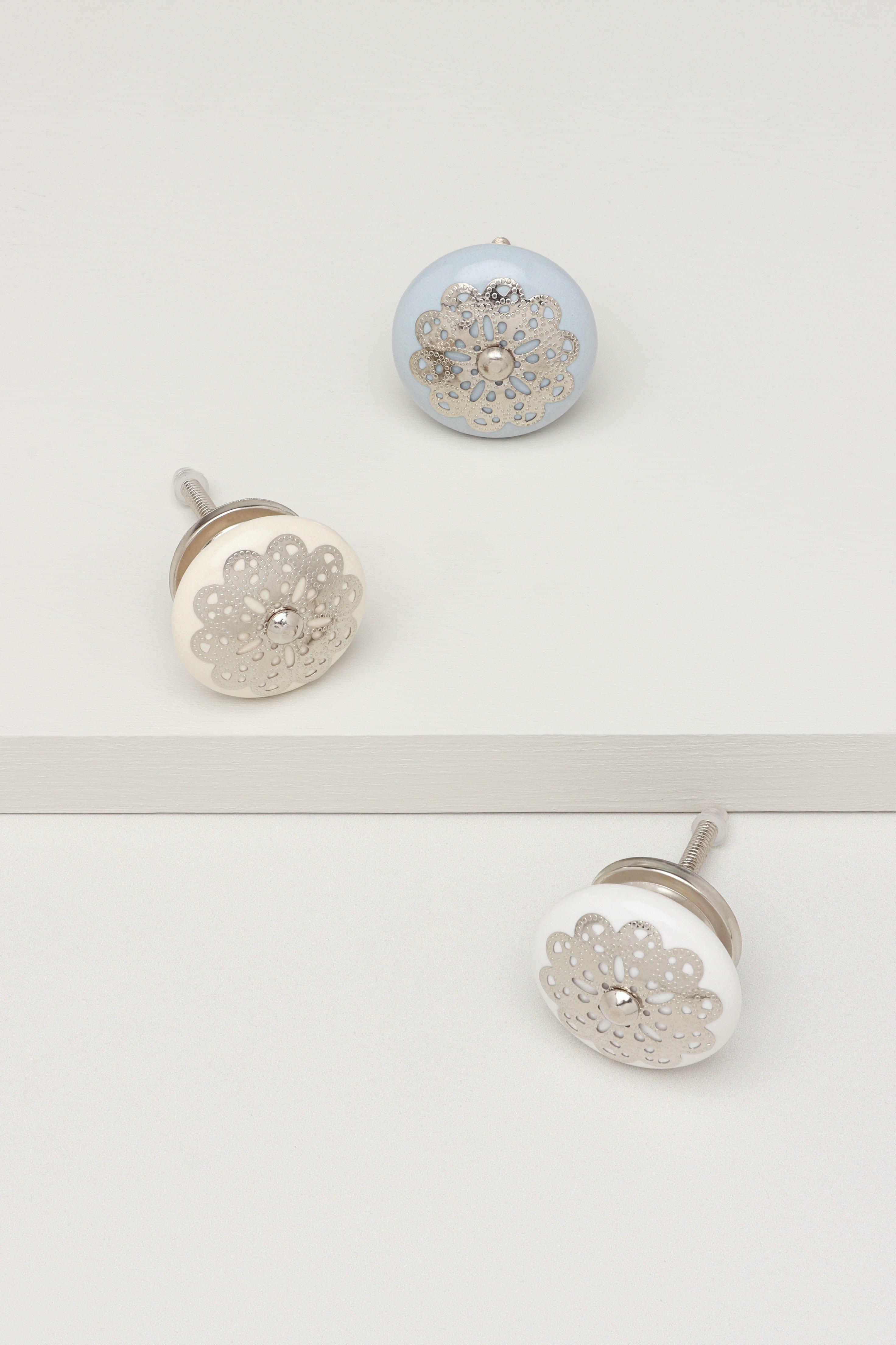 Silver Applique IV Ceramic Door Knob Cupboard Drawer Pull Door Handle - G Decor