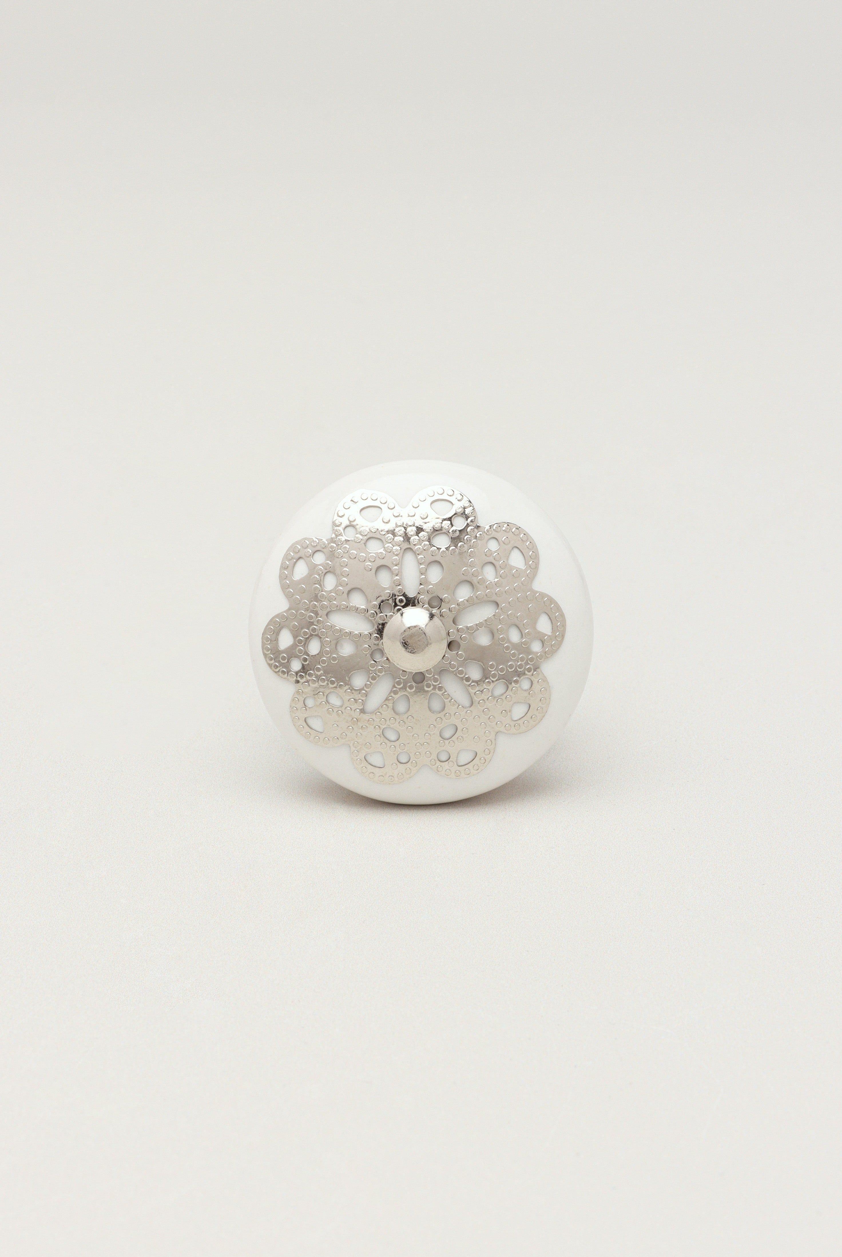 Silver Applique IV Ceramic Door Knob Cupboard Drawer Pull Door Handle - G Decor