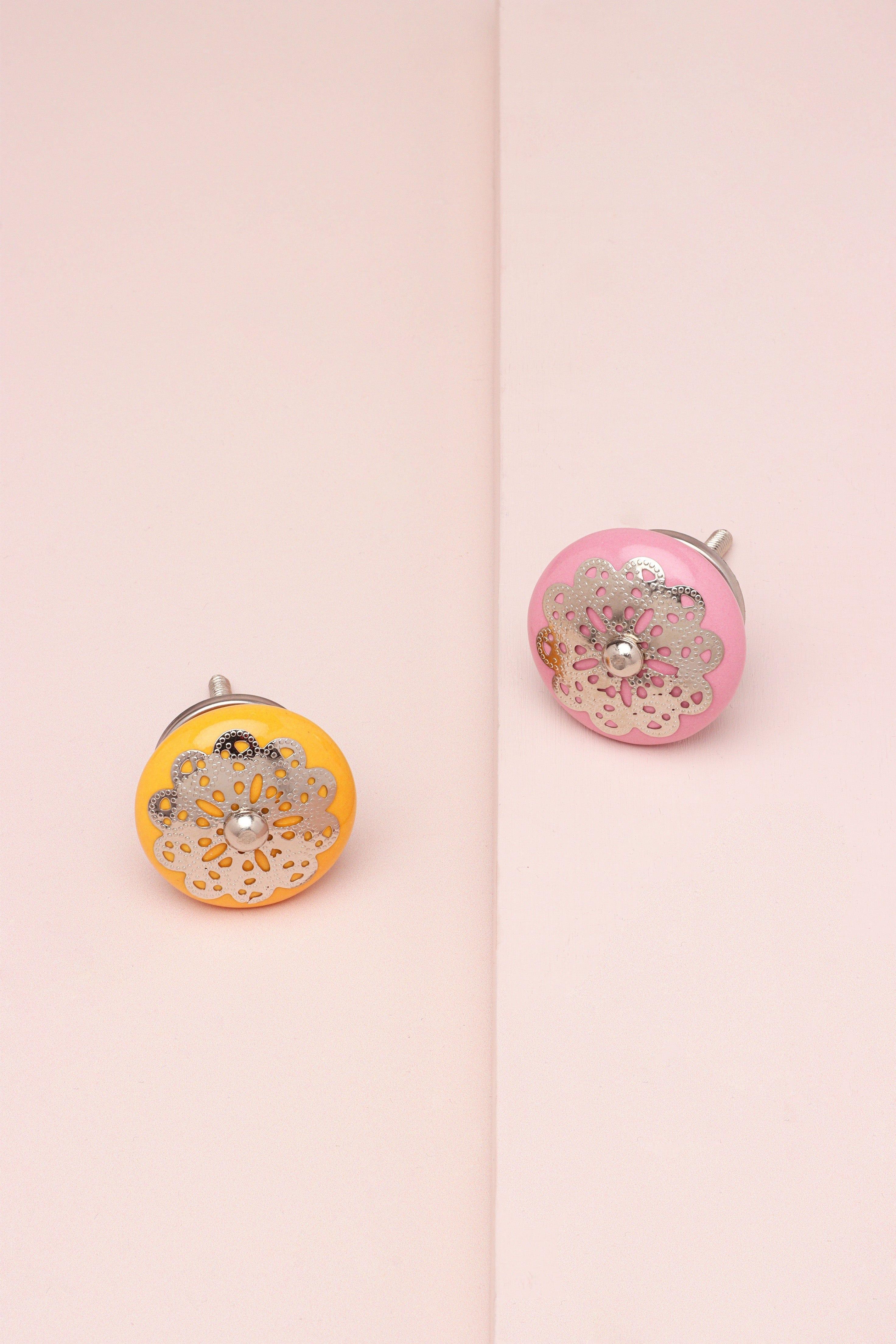 Silver Applique IV Ceramic Door Knob In Pastel Cupboard Drawer Pull Door Handles - G Decor