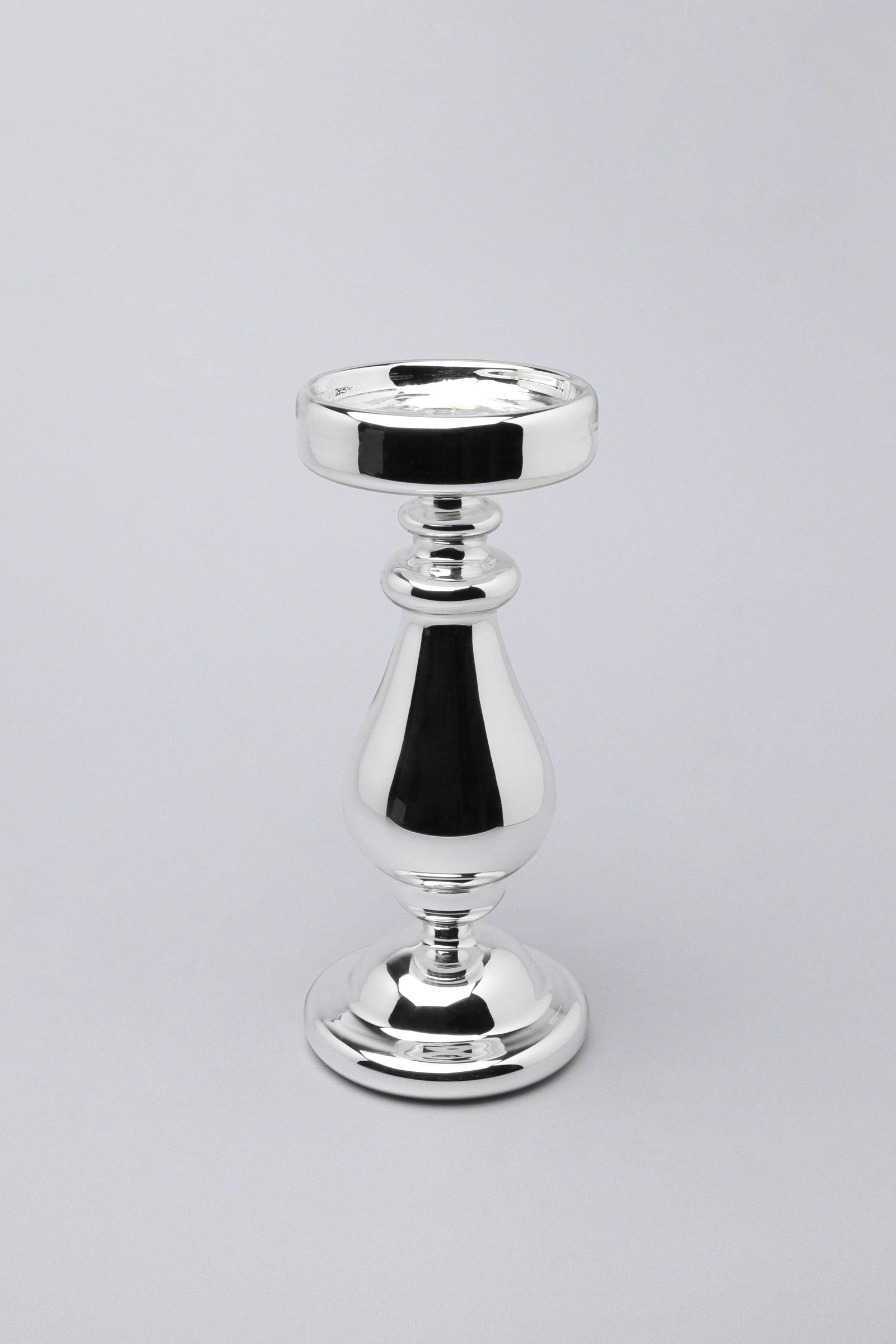 Silvermere Set of 3 Hand-Blown Silver Glass Pillar Candle Holders — lifestyle view, G Decor