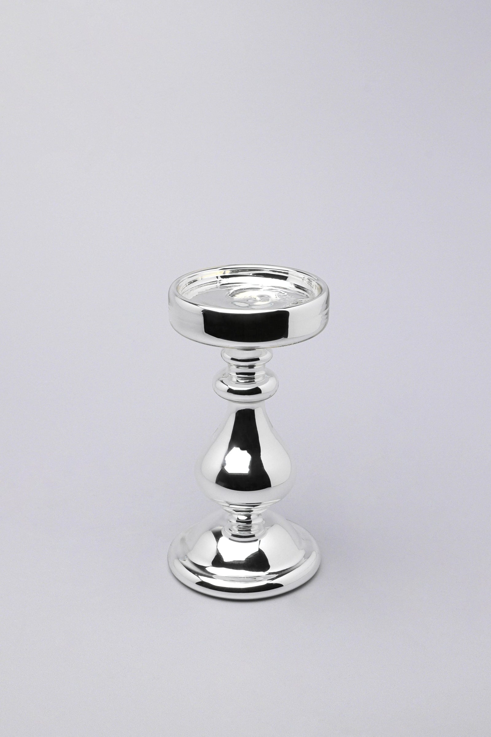 Silvermere Set of 3 Hand-Blown Silver Glass Pillar Candle Holders — close-up view, G Decor