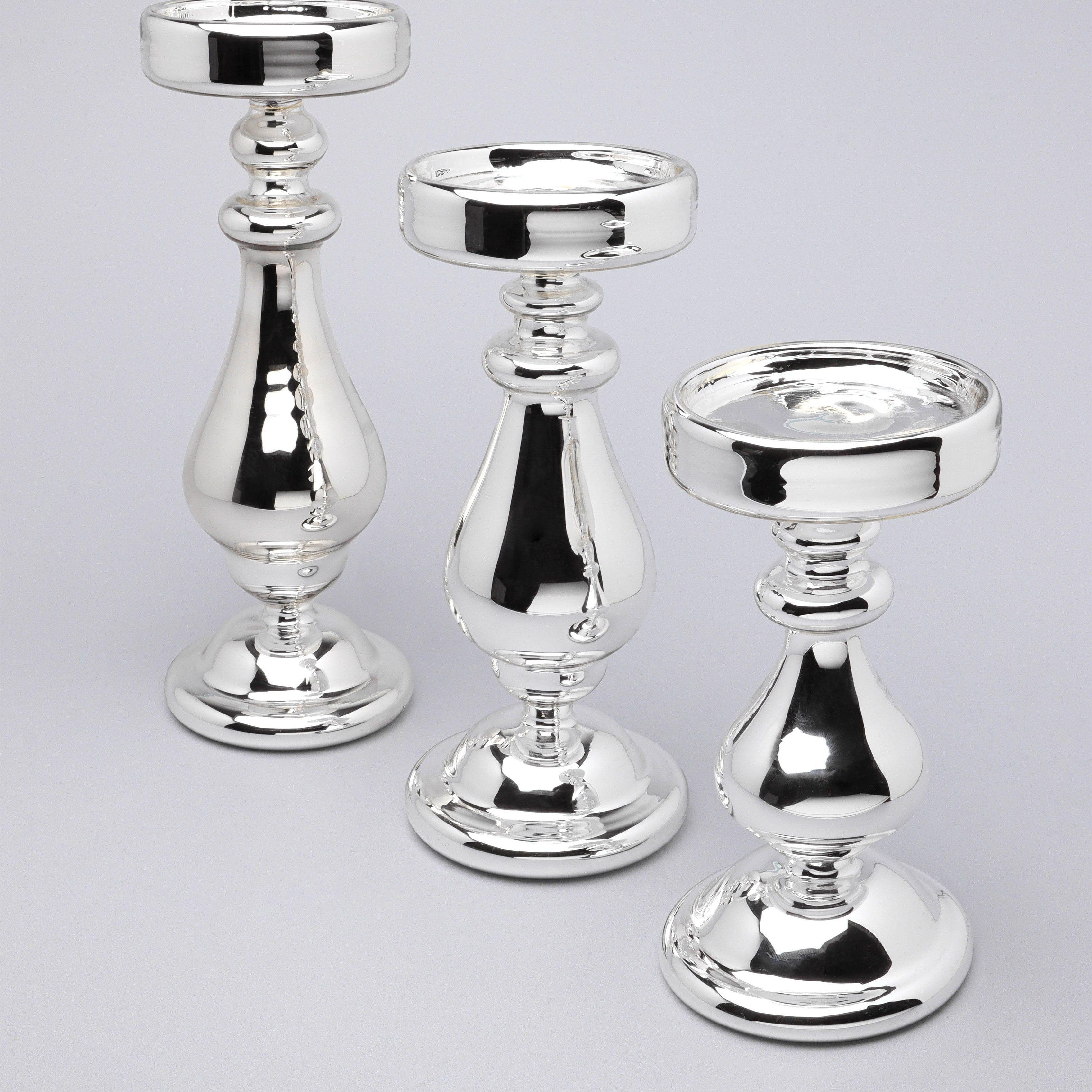 Silvermere Set of 3 Hand-Blown Hollow Glass Silver Pillar Candle Holders Elegant Mixed-Height Centrepiece Stands - G Decor