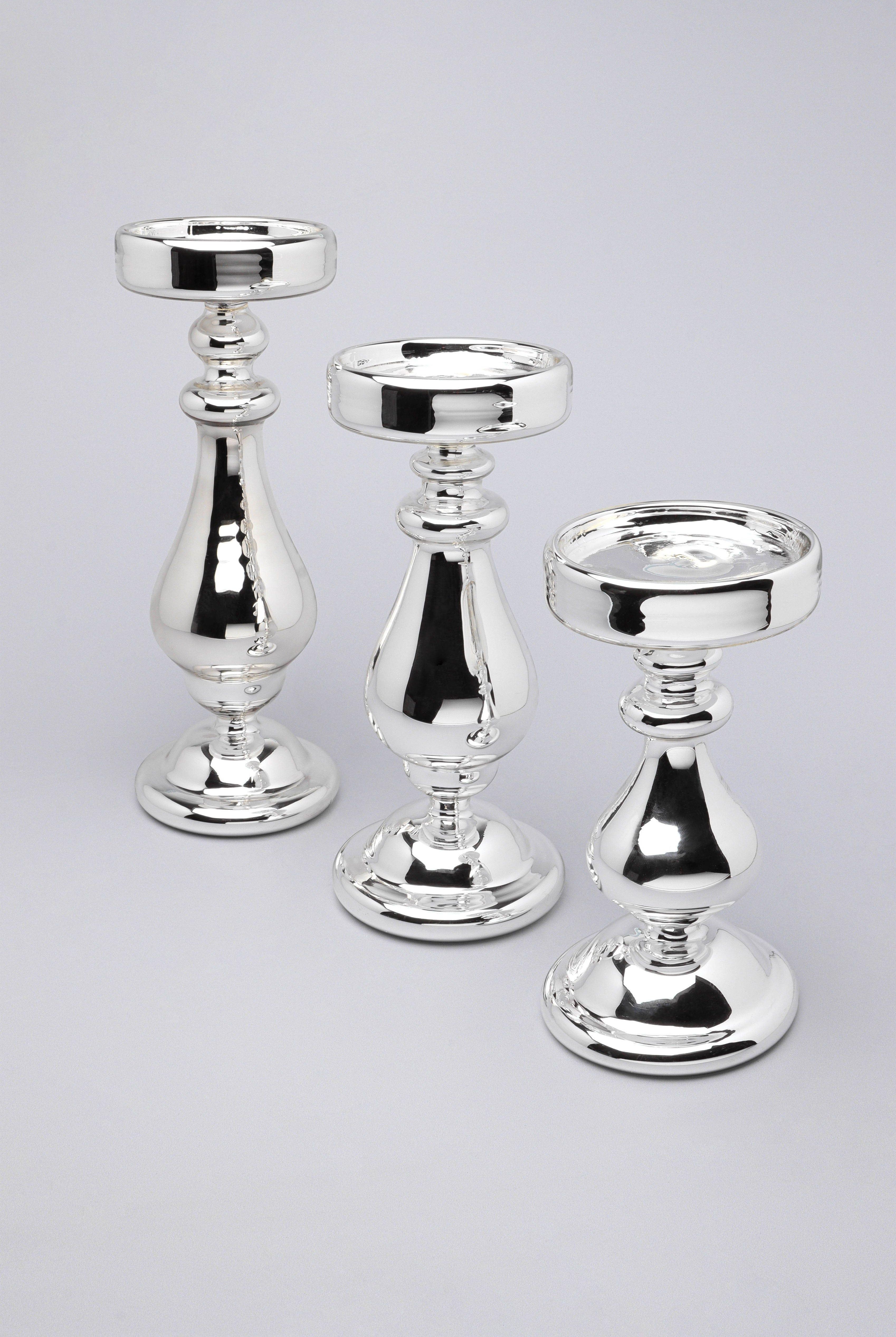 Silvermere Set of 3 Hand-Blown Hollow Glass Silver Pillar Candle Holders Elegant Mixed-Height Centrepiece Stands - G Decor